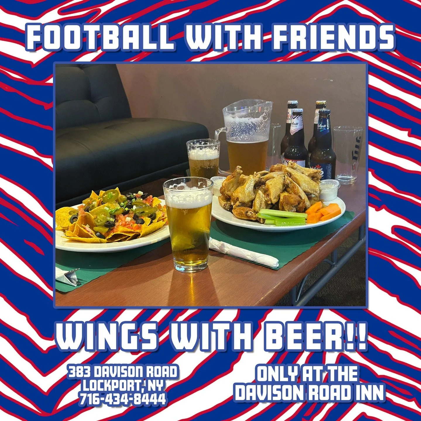 𝐂𝐨𝐦𝐞 𝐭𝐨 𝐃𝐑𝐈 𝐅𝐨𝐫 𝐭𝐡𝐞 𝐁𝐢𝐥𝐥𝐬 𝐆𝐚𝐦𝐞 𝐓𝐨𝐧𝐢𝐠𝐡𝐭 𝐚𝐧𝐝 𝐄𝐧𝐣𝐨𝐲 𝐒𝐨𝐦𝐞 𝐁𝐞𝐞𝐫𝐬 𝐚𝐧𝐝 𝐖𝐢𝐧𝐠𝐬 𝐰𝐢𝐭𝐡 𝐅𝐫𝐢𝐞𝐧𝐝𝐬! 🍺🏈

𝗪𝗲 𝘄𝗶𝗹𝗹 𝗵𝗮𝘃𝗲 𝘁𝗵𝗲𝘀𝗲 𝗲𝘅𝗰𝗲𝗹𝗹𝗲𝗻𝘁 𝗕𝘂𝗳𝗳𝗮𝗹𝗼-𝘁𝗵𝗲𝗺𝗲𝗱 𝘀𝘁𝗮𝗿𝘁𝗲