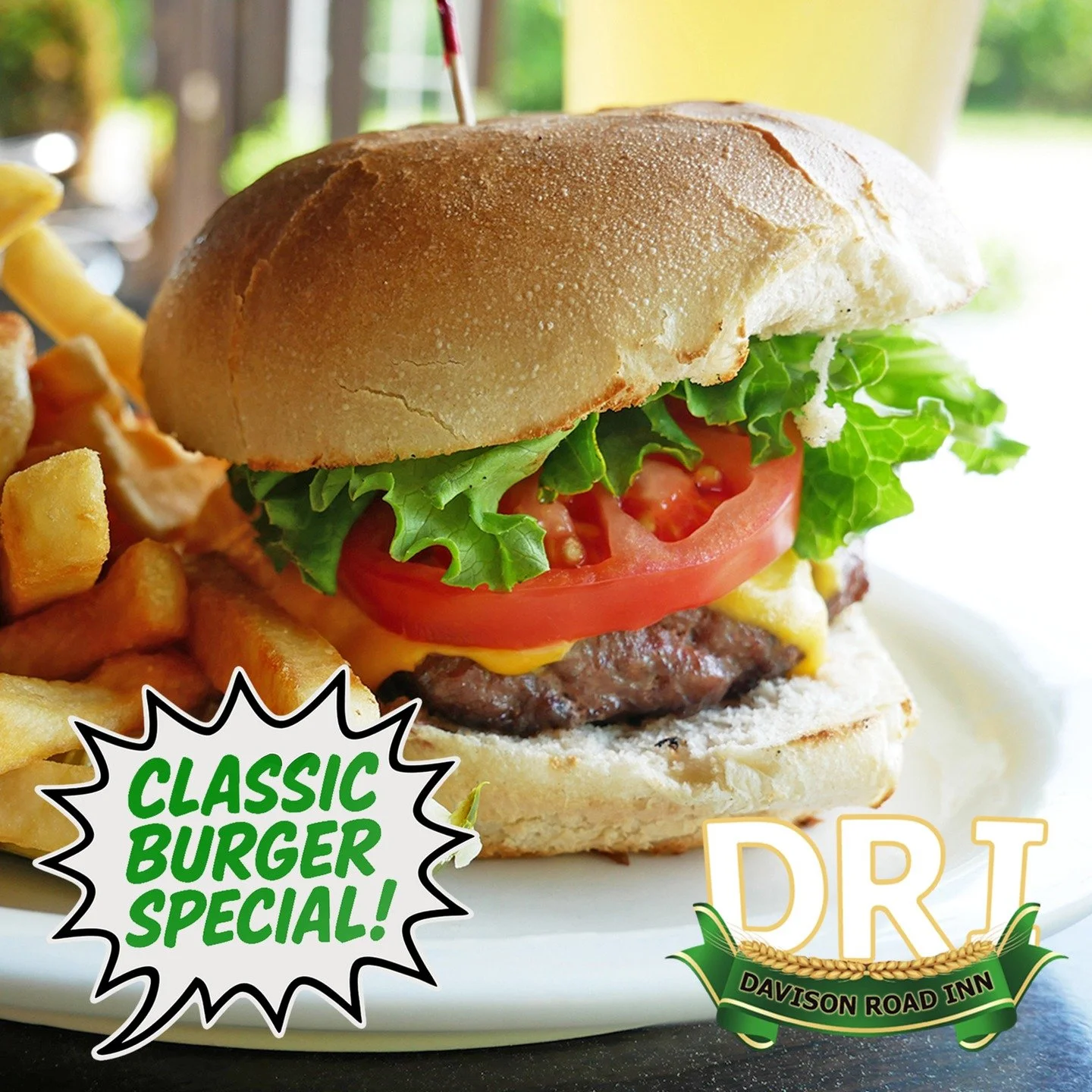 𝐃𝐑𝐈 𝐢𝐬 𝐘𝐨𝐮𝐫 𝐁𝐮𝐫𝐠𝐞𝐫 𝐇𝐨𝐭𝐬𝐩𝐨𝐭 𝐄𝐯𝐞𝐫𝐲 𝐌𝐨𝐧𝐝𝐚𝐲!!!🍔😋

On Burger Night, we feature our classic burger special, which comes with homemade chips and a pickle for just $10.00! Fries for an additional $1.99.

𝗪𝗲 𝗮𝗹𝘀𝗼 𝗵𝗮?