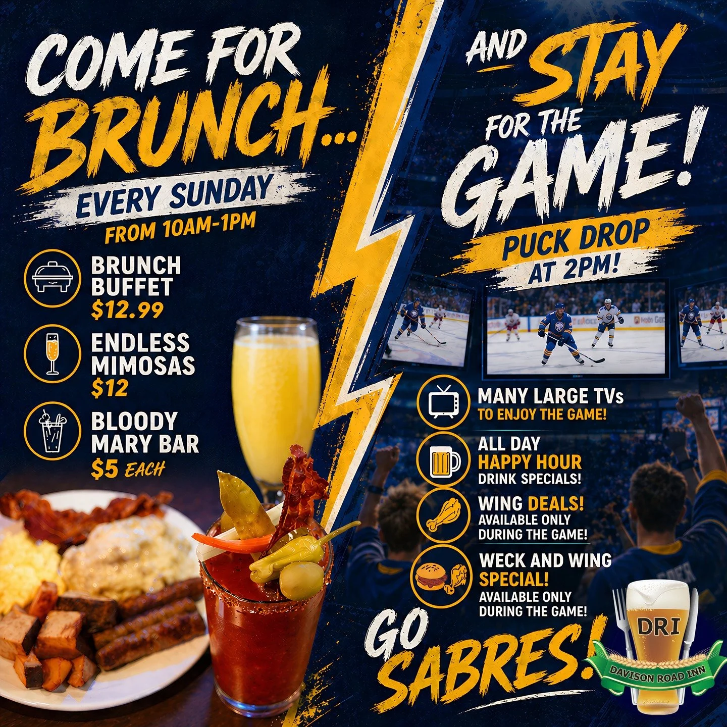 𝐓𝐡𝐢𝐬 𝐒𝐮𝐧𝐝𝐚𝐲, 𝐂𝐨𝐦𝐞 𝐅𝐨𝐫 𝐎𝐮𝐫 𝐁𝐫𝐮𝐧𝐜𝐡 𝐚𝐧𝐝 𝐒𝐭𝐚𝐲 𝐟𝐨𝐫 𝐆𝐚𝐦𝐞 𝟒, 𝐒𝐚𝐛𝐫𝐞𝐬 𝐕𝐬. 𝐁𝐫𝐮𝐢𝐧𝐬🥅🍻

We have big TVs, a great atmosphere filled with fellow fans, and food and drink specials during Bills Games this seaso