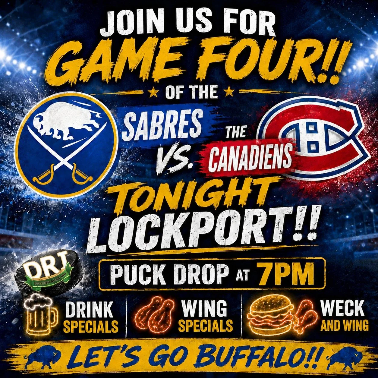 𝗚𝗼 𝗦𝗮𝗯𝗿𝗲𝘀!!💙💛 Come watch Game 4 with us tonight! Join us for wing deals, weck and wings, drink deals, and more after puck drop. We will have the game playing on our large screens!!!🏒🥅

Also, our special this and every Tuesday is our delic