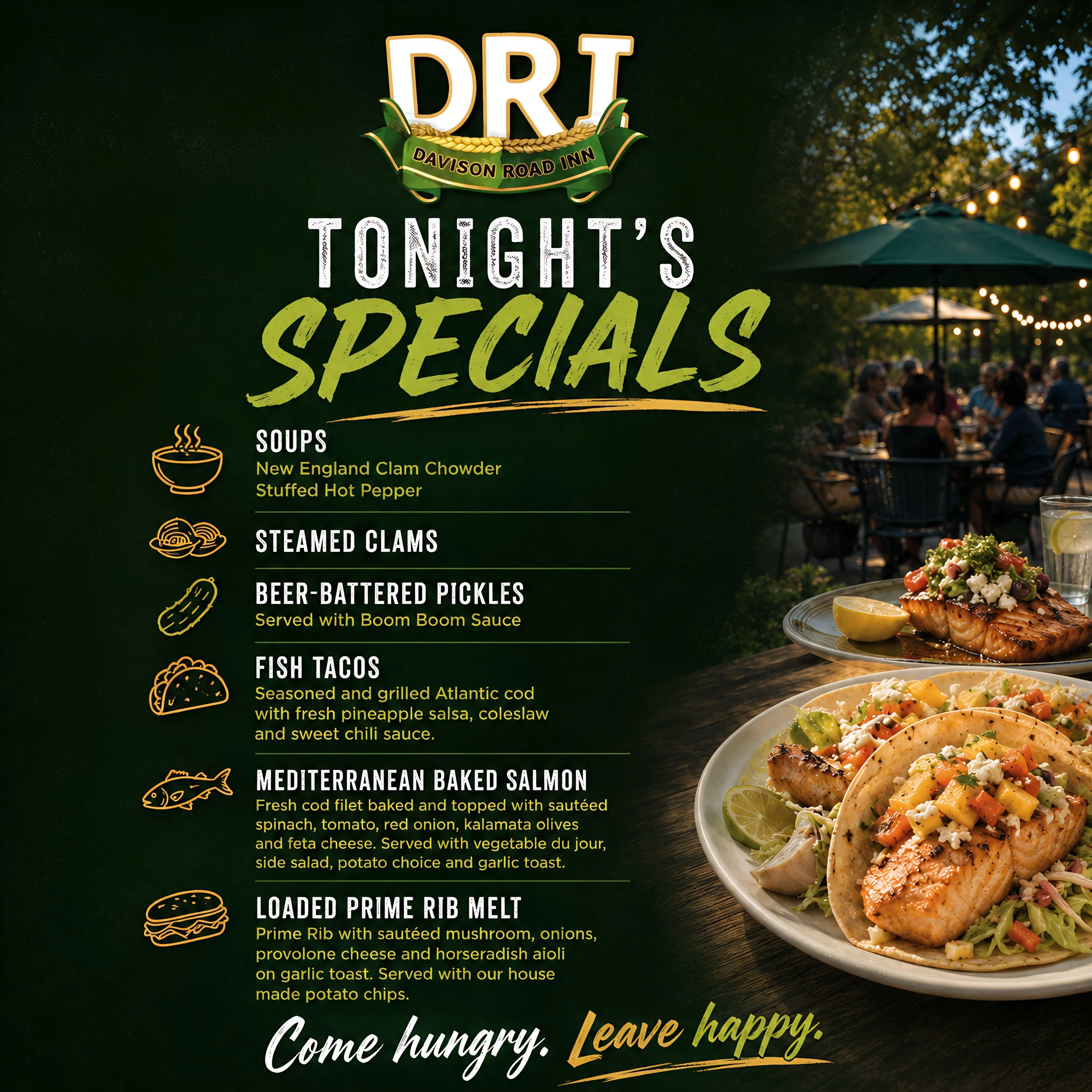 🍽️ Tonight's Specials at Davison Road Inn 🍽️

If you're looking for dinner plans tonight, we've got you covered!

Start with a bowl of our homemade New England Clam Chowder or Stuffed Hot Pepper Soup, then dig into favorites like:

🦪 Steamed Clams