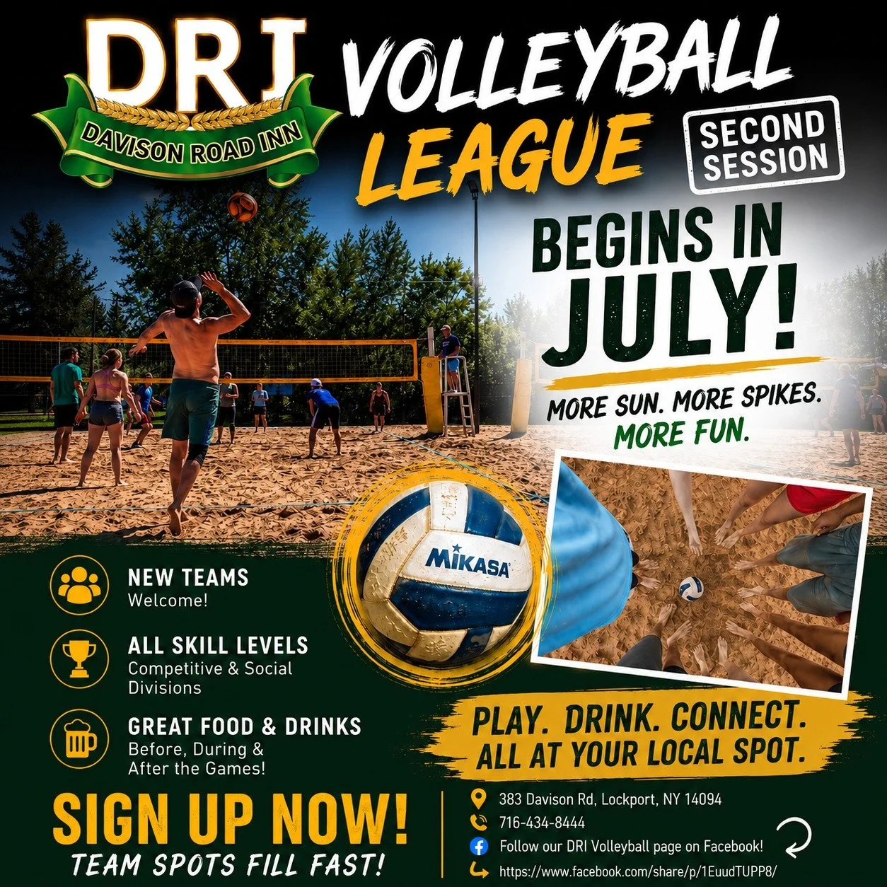 🏐 SECOND SESSION STARTS IN JULY! 🏐

Looking for something fun to do this summer? Grab some friends, make a team, and join the action at DRI Volleyball!

Whether you&rsquo;re a seasoned player or just looking for a reason to get out of the house, ou