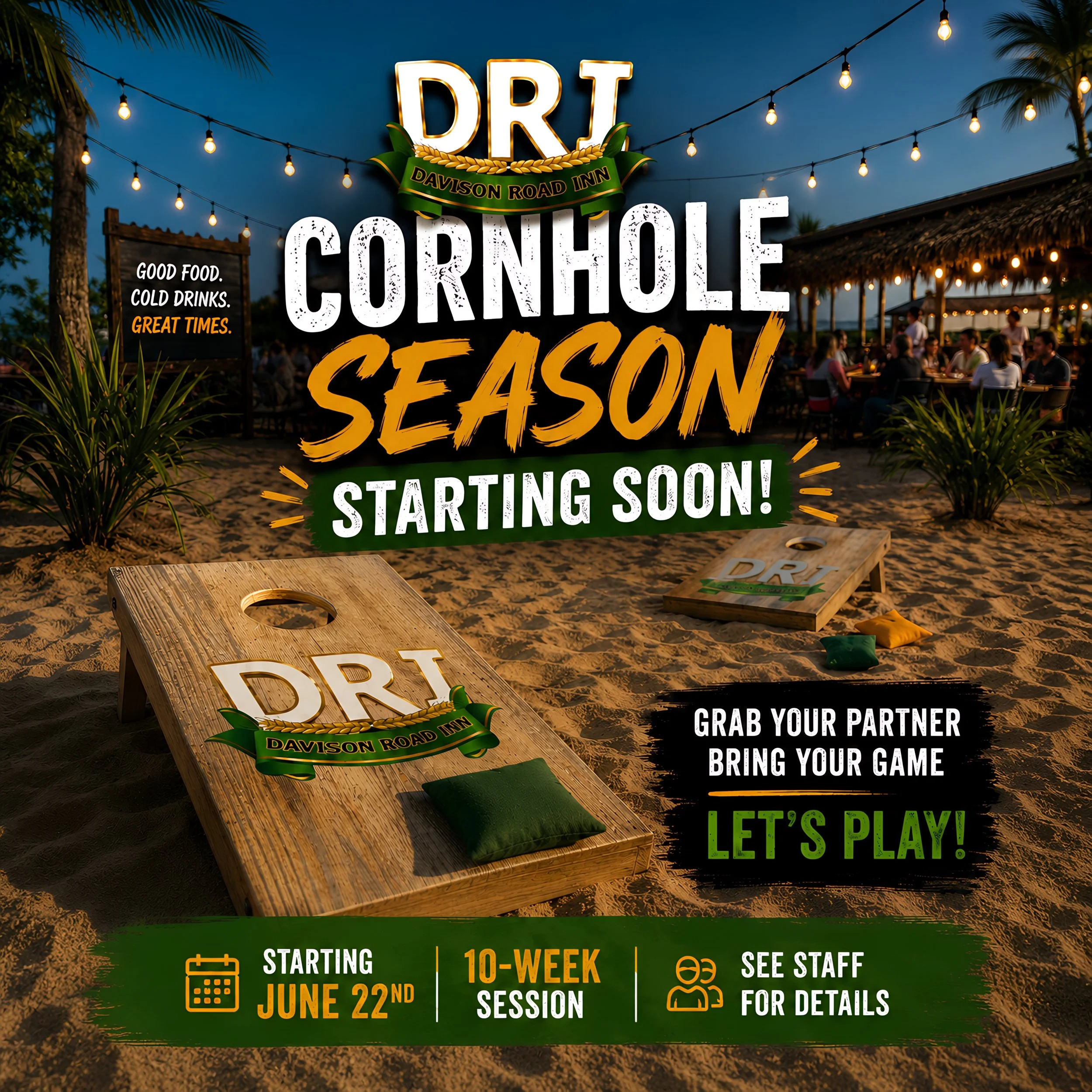 🚨 CORNHOLE IS BACK AT DRI! 🚨

Dust off those bags, grab your favorite partner, and get ready for another awesome season of cornhole at Davison Road Inn! 🌽🎯🍻

Our 10-week session kicks off June 22nd, and whether you&rsquo;re a seasoned player or 