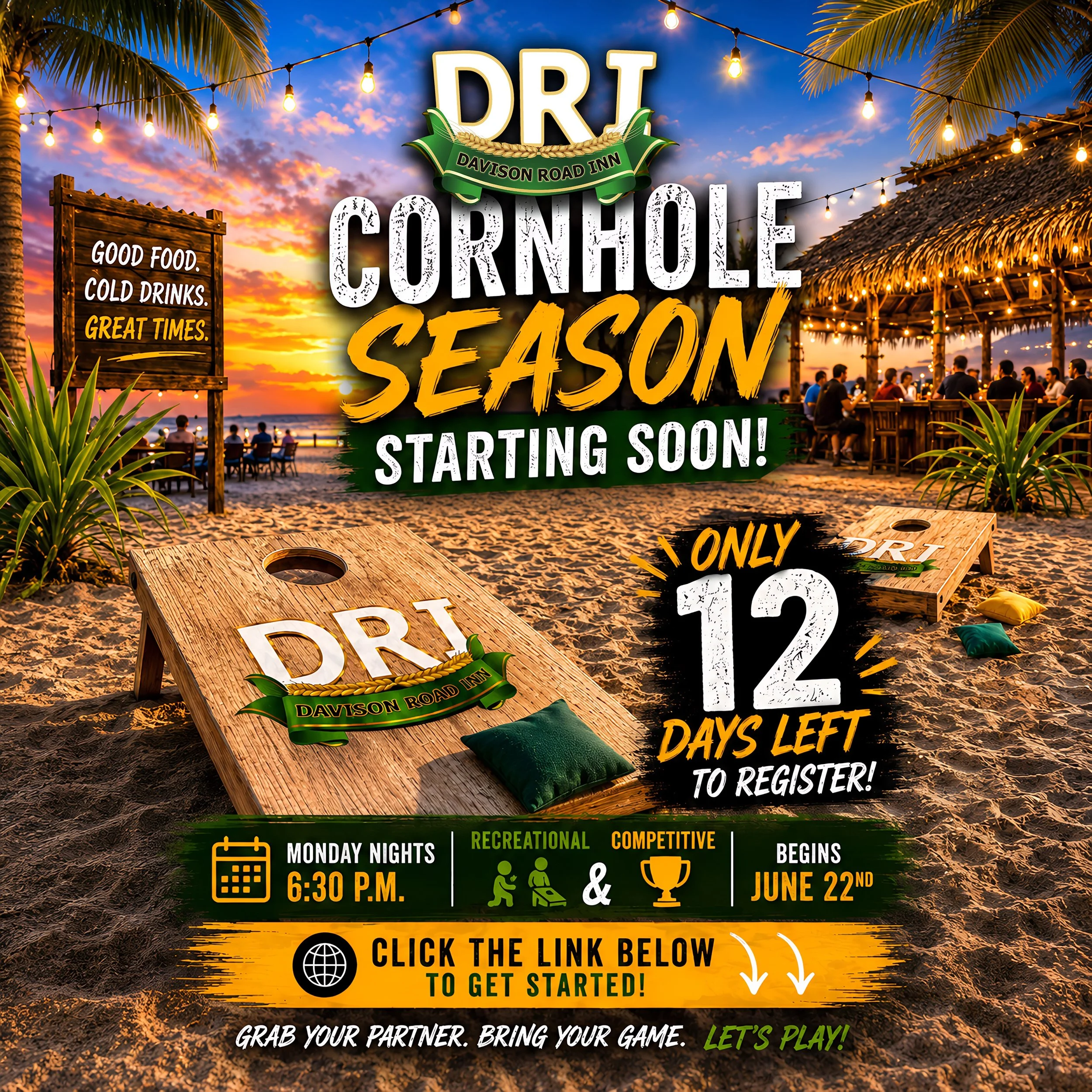 🎯🏆 𝗗𝗥𝗜 𝗖𝗢𝗥𝗡𝗛𝗢𝗟𝗘 𝗜𝗦 𝗕𝗔𝗖𝗞! 🏆🎯

Registration is officially OPEN for our Summer Cornhole League, and spots fill up fast every year!

📅 Starts Sunday, June 22
⏳ 10-Week Season
💰 $100 Per Person
🏆 Cash Prizes for Flight Winners
🕡 M