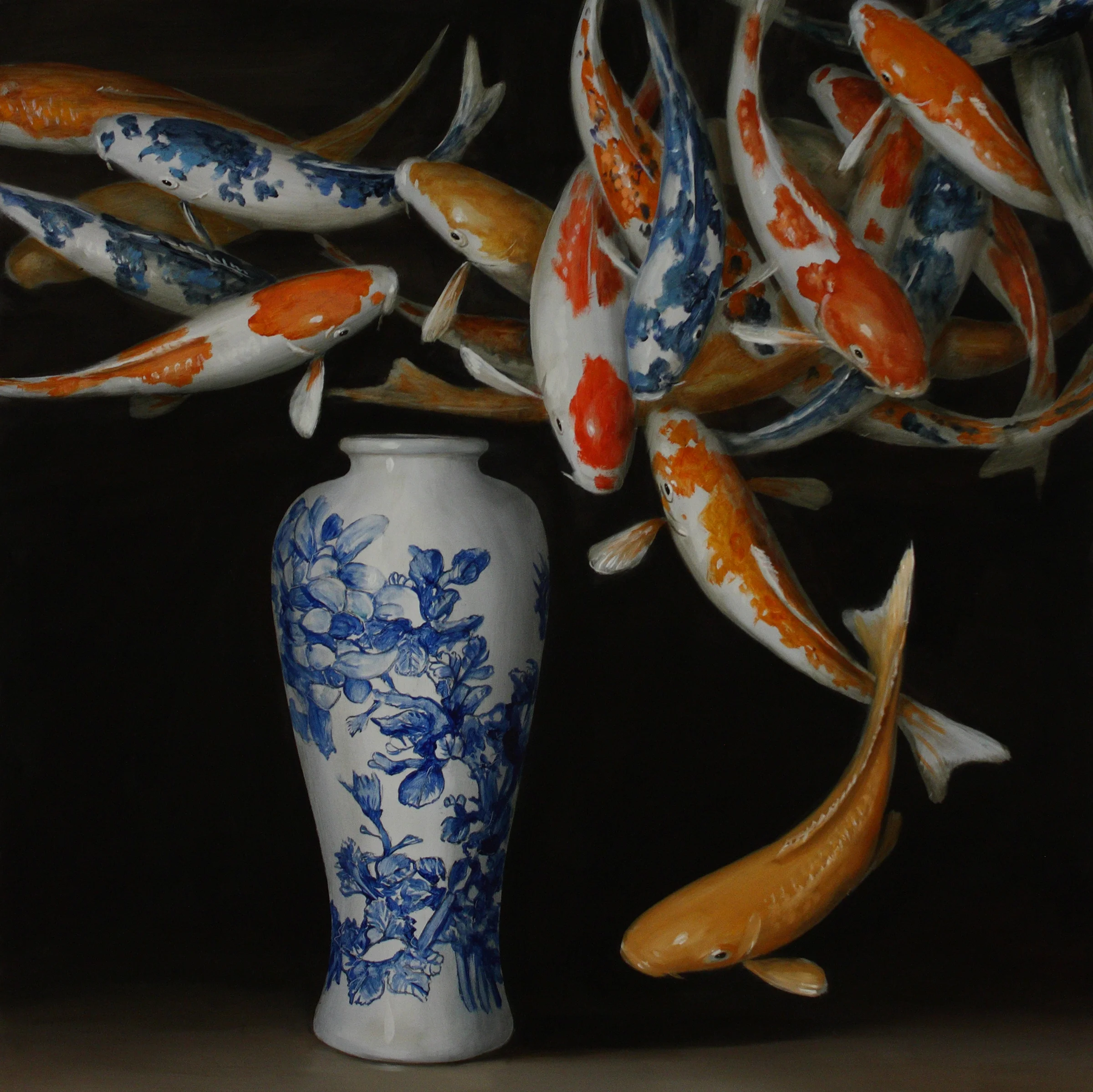 Koi and Blue and White Vase