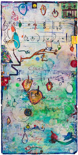 Andrew Saftel, Musical Fruit , Mixed media on panel, 8 x 4 feet.