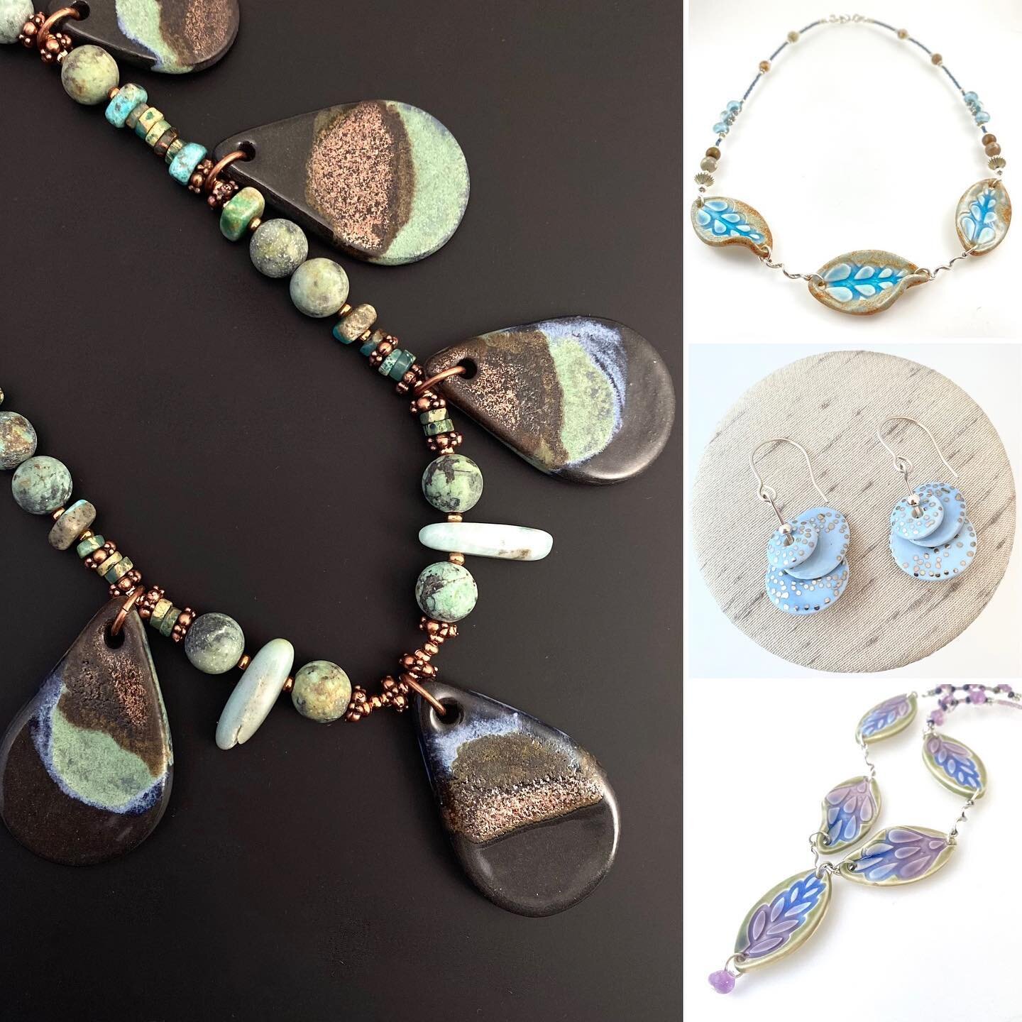 The @thehoodnewmexico&rsquo;s Gala is tonight! 
You&rsquo;ll be able to find these pieces and more at this evening&rsquo;s bash. 
(counterclockwise from left)
1. Black porcelain necklace with turquoise, amazonite and copper beads. 
2. Porcelain leave