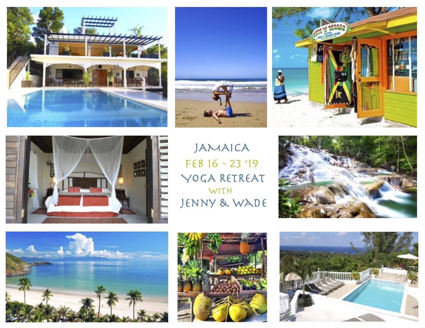 Jenny and I are excited to announce our 3rd annual Yoga retreat collaboration together, this year is in Jamaica! We only have a few rooms left so send me an email if Jamaica and a retreat with us is calling you! Check out Yoga within You for details What’s Included Starting at $1650 7 Nights of beautiful accommodations at The Jaquar Villa Retreat 3 healthy, delicious meals per day: Pescatarian, Vegan, Vegetarian, gluten-free, and other options available Use of The Jaquar Villa’s beautiful pools Use of Cardiff Hill Estate’s private white, sand beach (10 minute walk) Use of The Jaquar Villa’s Zen Pavilion for yoga One complimentary cooking class with The Jaquar Villa’s chef White Night w/ Live Band on select evening Free Wi-Fi Time for Exploration, Adventure, Napping and Relaxation Daily meditation and pranayama for stress relief Twice daily Yoga w/ Jenny Guzon-Bae & Wade Gotwals Jamaican Taxes