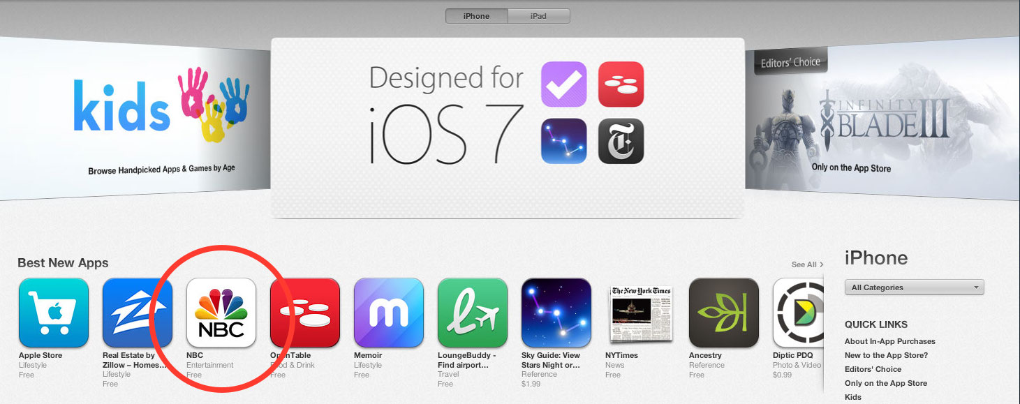 The NBC app was featured on the iTunes homepage as a "Best New App" on iOS 7 launch day.