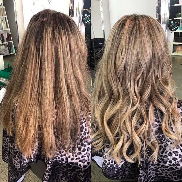 An amazing transformation 🤭 Lana worked her magic with a full head of highlights &amp; some beautiful curls 😍 A big colour job but so worth it when we get this result 💓 #beforeandafter #blondehighlights #change