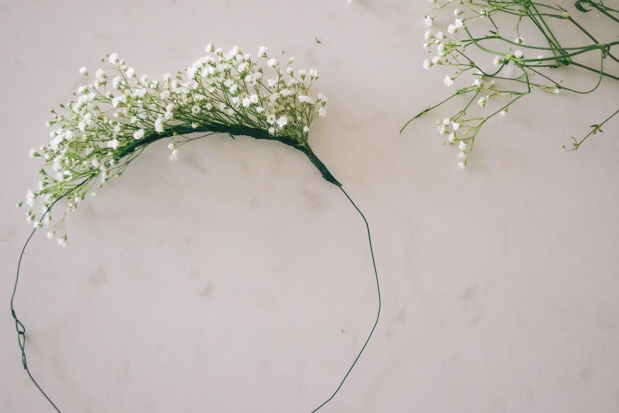 It makes it easier if you cut lots of little flower sprigs so they are ready to wrap.Place the flowers closer together for a fuller look or further apart for a lesser look. &nbsp;