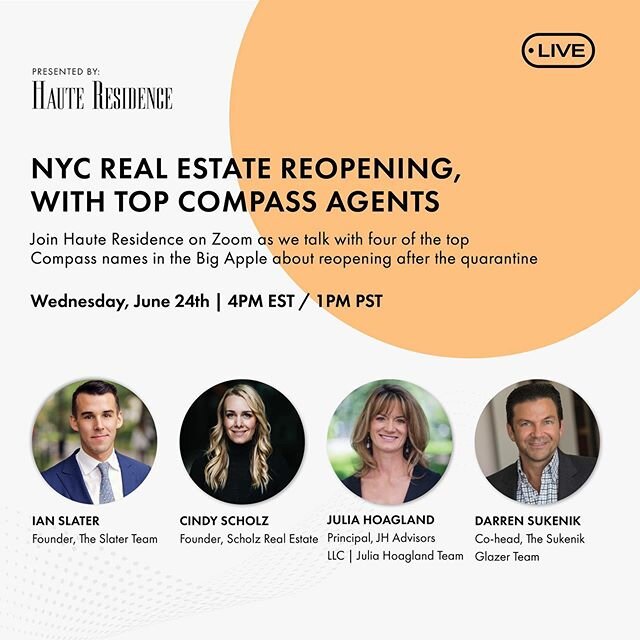 Join me and Haute Residence on Zoom as we discuss the phase two opening after three months of quarantine. Wednesday, June 24th | 4pm EST 💻🤓 #realestate #covi̇d19 #marketupdate @compassny