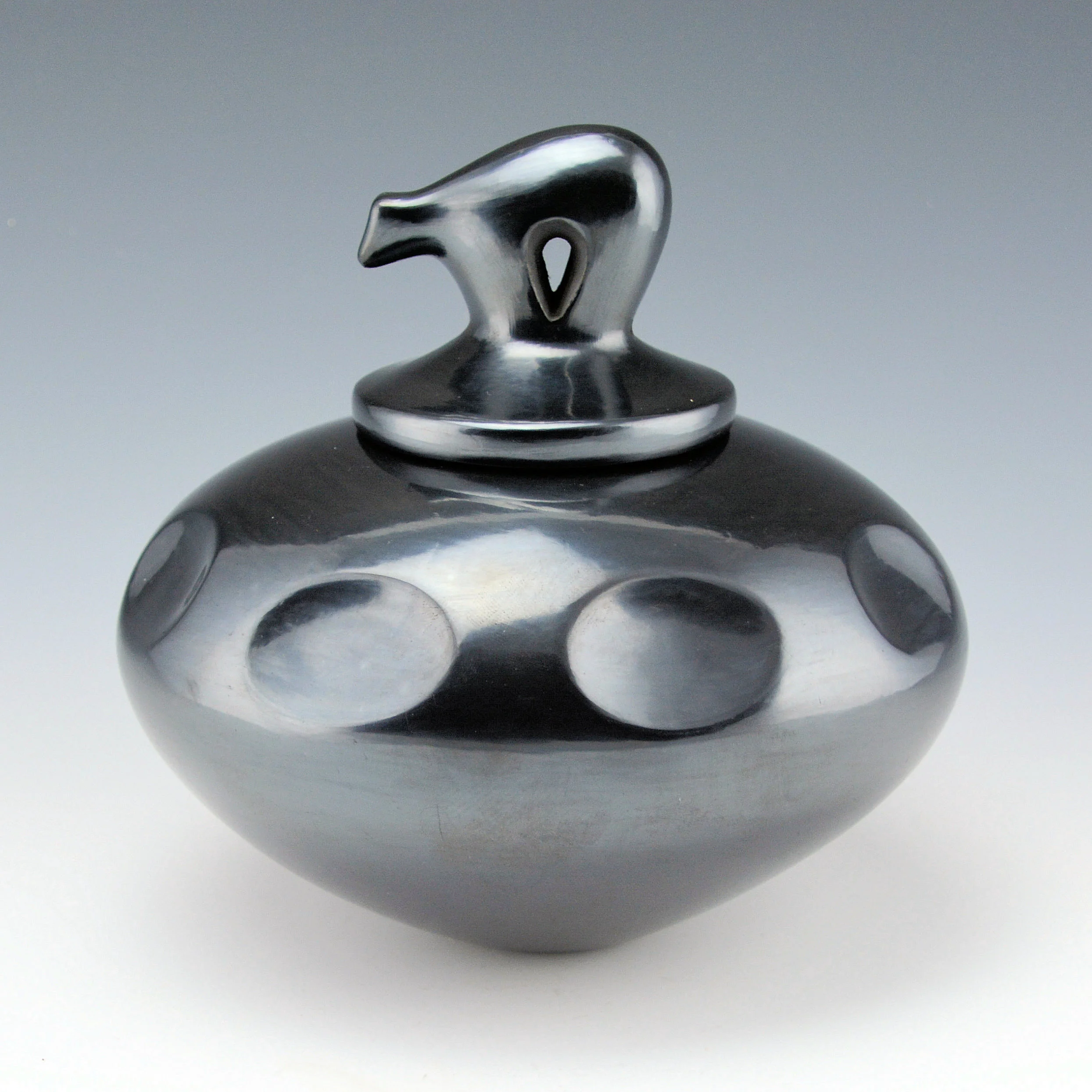 Russell Sanchez contemporized gunmetal fired bowl with gourd indentions and bear lid (2016)