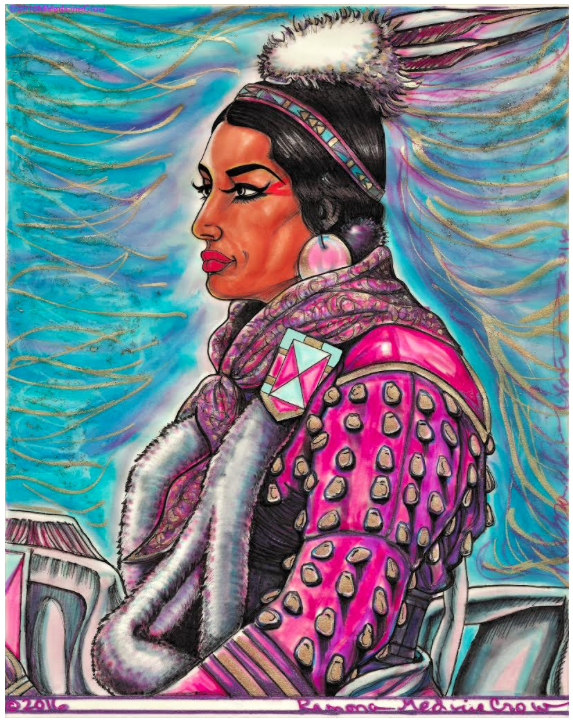Crow dancer in Elk Tooth Dress, 2016, mixed media on vellum, 10 x 8 inches. Artist: Mona Medicine Crow (Crow)