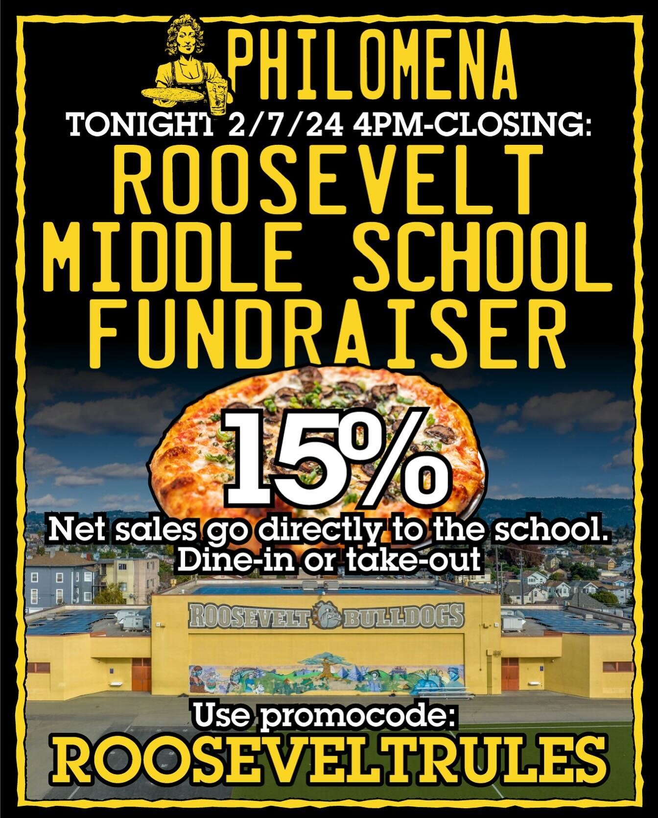 Come out tonight for Roosevelt Middle School! 15% of dine-in or take-out goes directly the school @rms_oak !
Use promocode: ROOSEVELTRULES