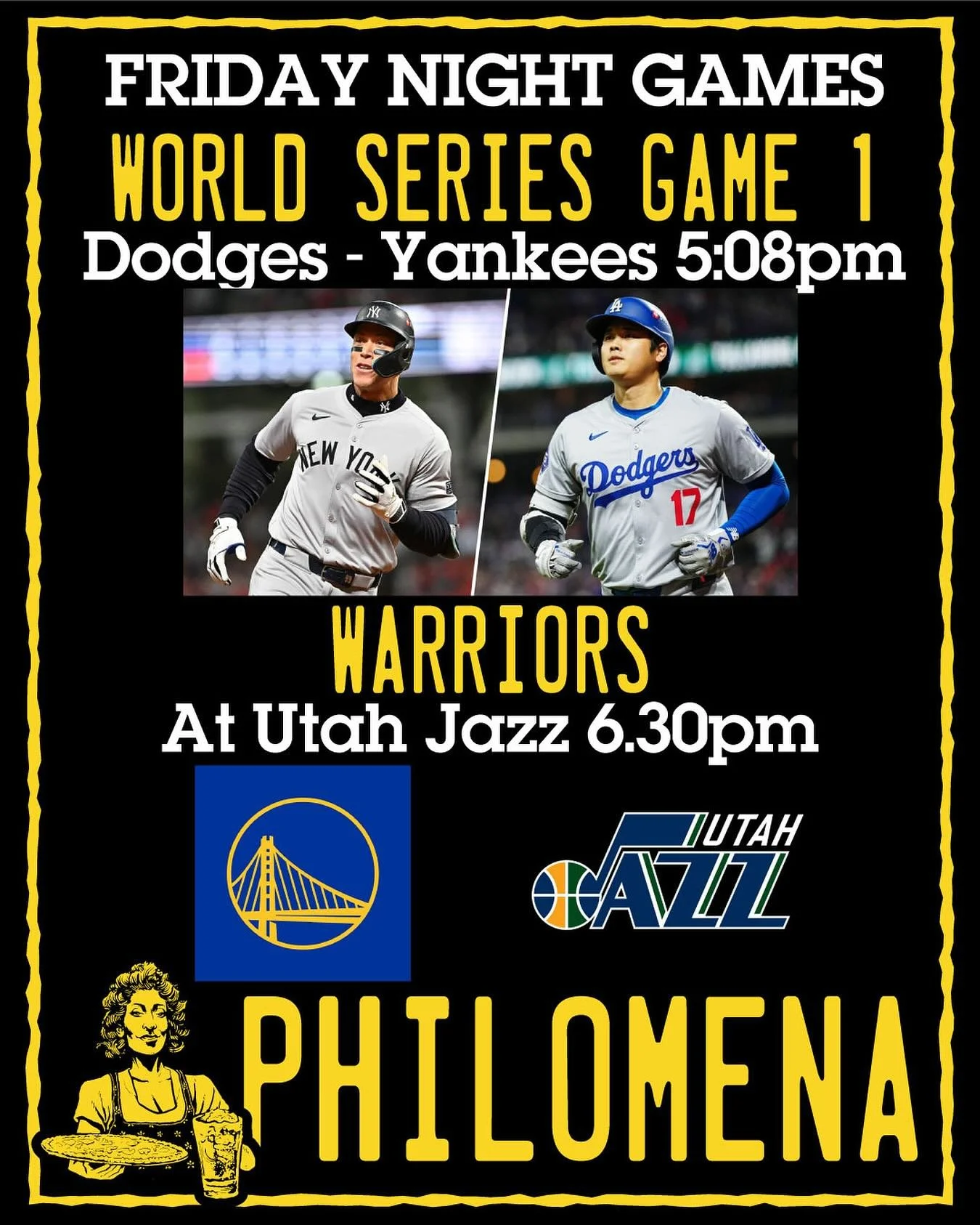 We got the World Series and the Warriors on deck tonight. Might be the perfect way to try out our nuew burger menu.