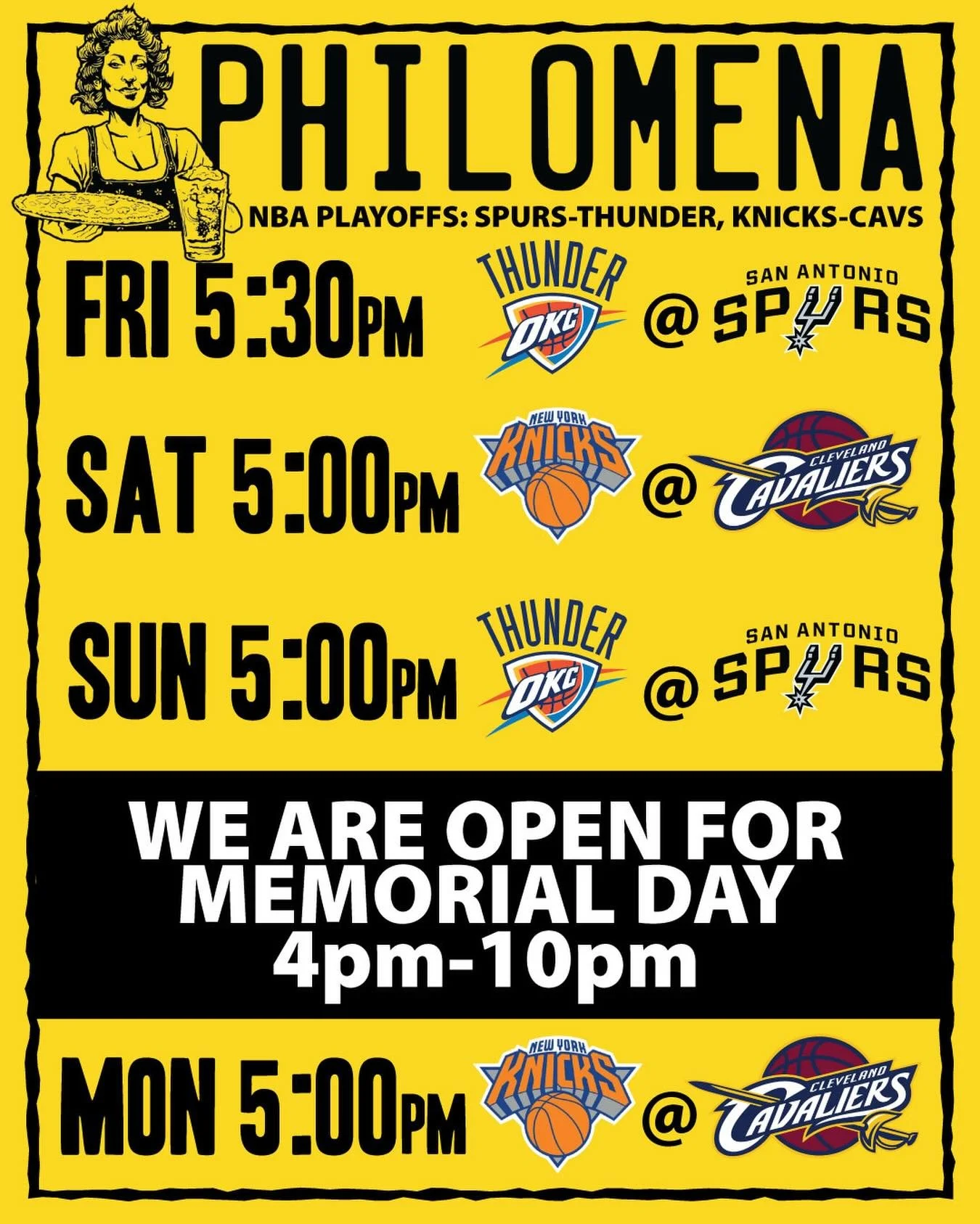 We&rsquo;ve got NBA Playoffs all 3-day weekend long. OPEN Monday 4pm - 10pm. Who are you rooting for to make the Phinals?!