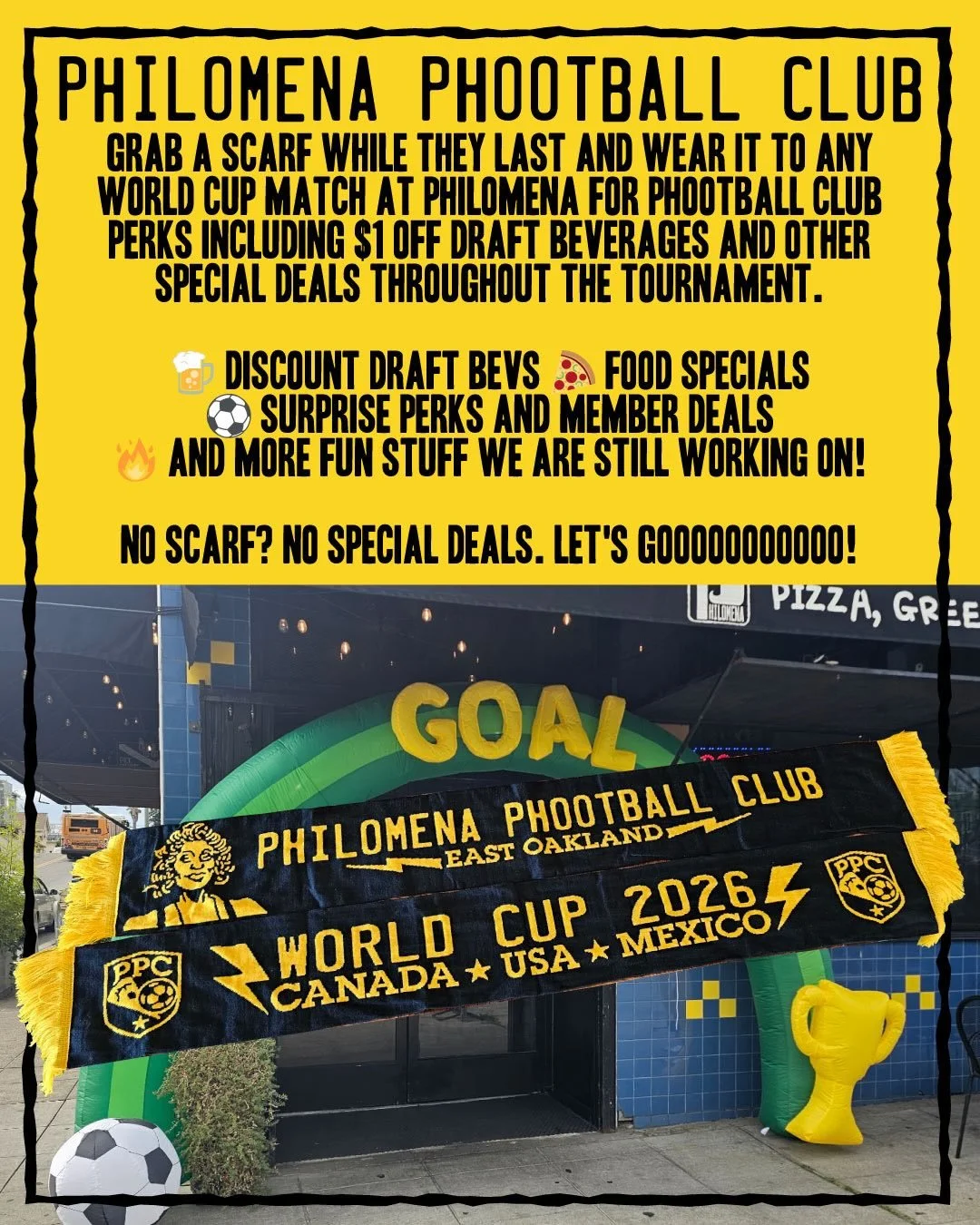 ⚽🧣 THE PHILOMENA PHOOTBALL CLUB HAS ARRIVED! 🧣⚽

The World Cup only comes around once every four years, so we&rsquo;re doing something special.

Become a Founding Member of the Philomena Phootball Club and receive:

🧣 Official Supporter Scarf
🍺 F