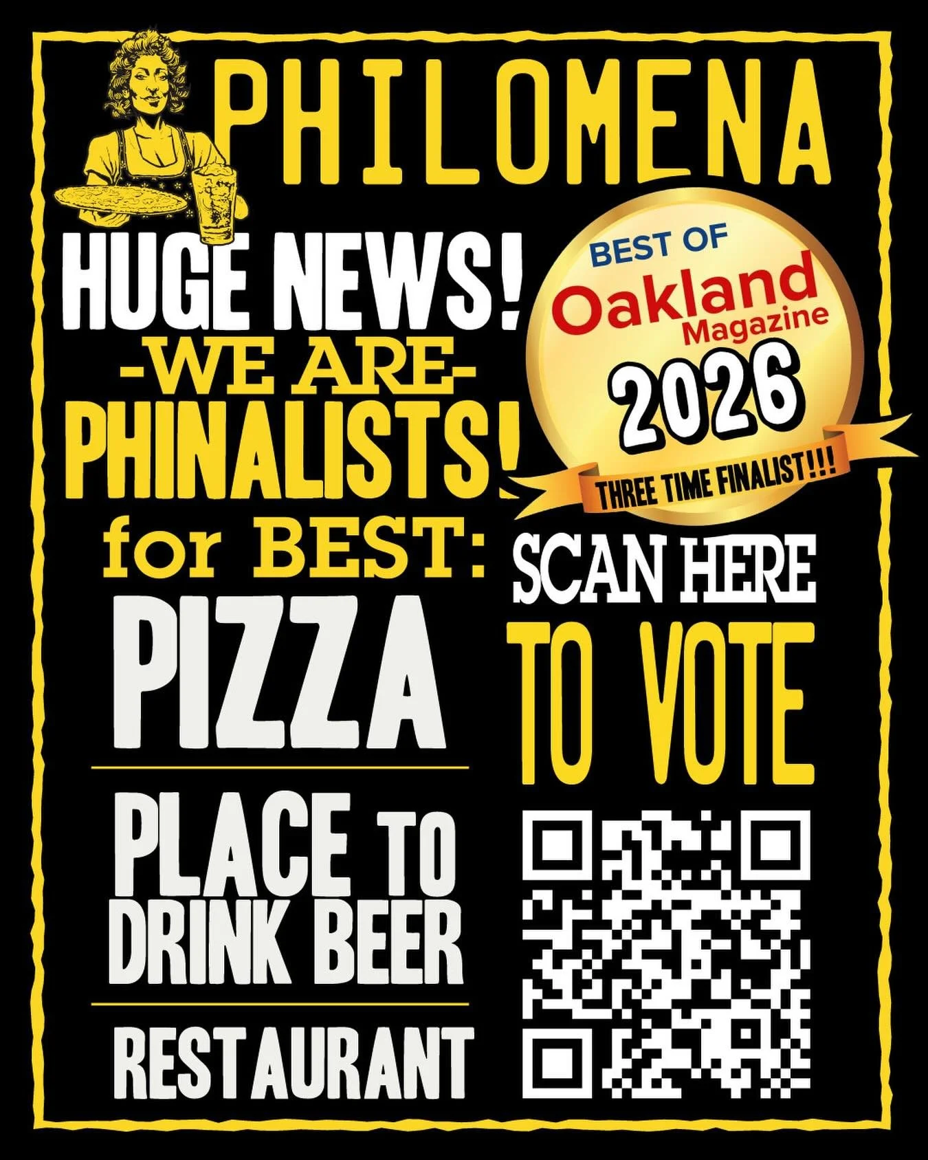 We made it to the PHINAL round in 3️⃣ categories! Pizza, Place to Drink a Beer, &amp; Restaurant! YOU got us here! Link is in our BIO to get PHILOMENA for the win!