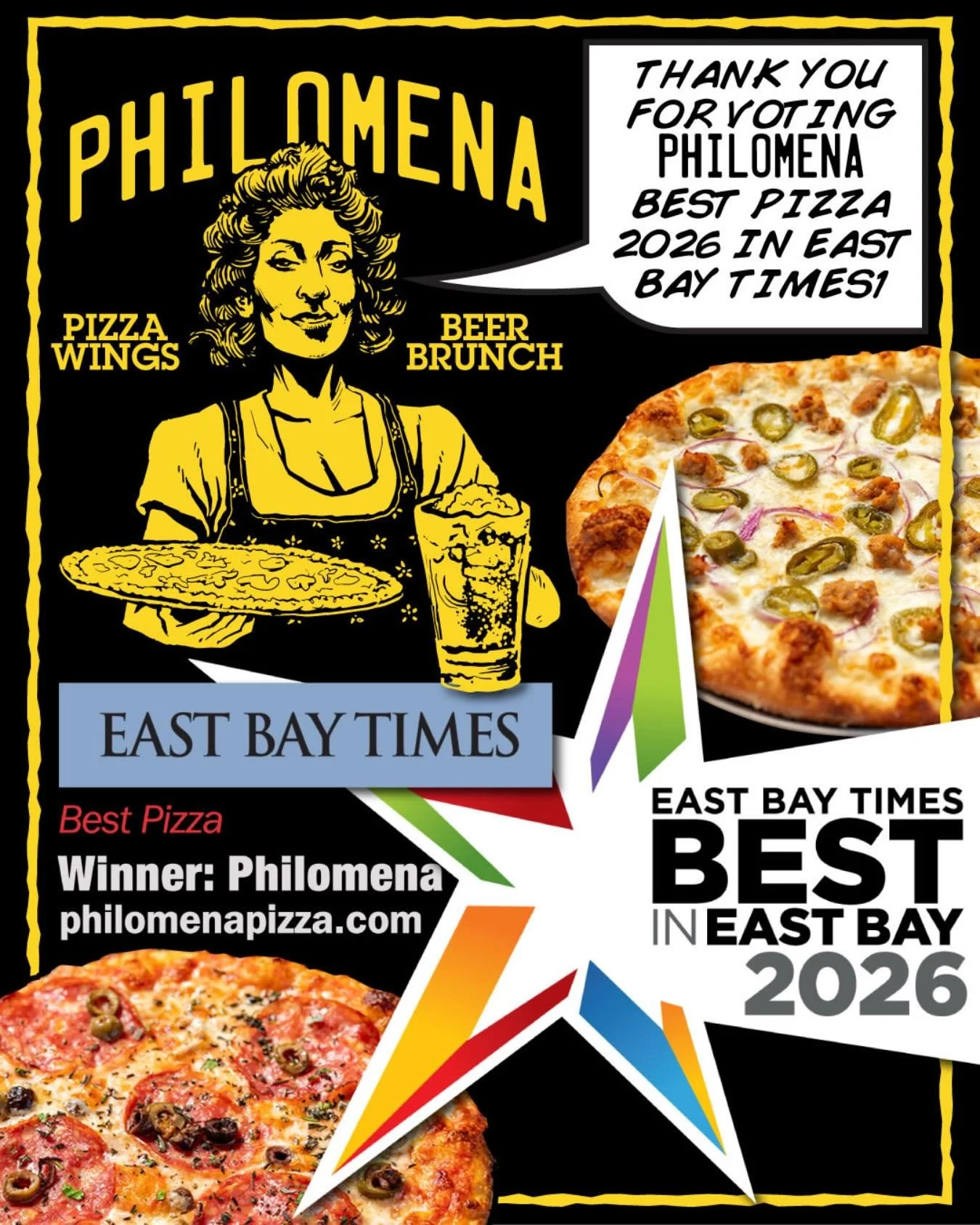 Big news! We've taken home the @ebtimes Best of the East Bay 2026: Best Pizza award! We're overwhelmed with gratitude for your support. Thank you for 🗳️voting for us and for being part of the Philomina Phamily. We're proud to serve the East Bay&rsqu