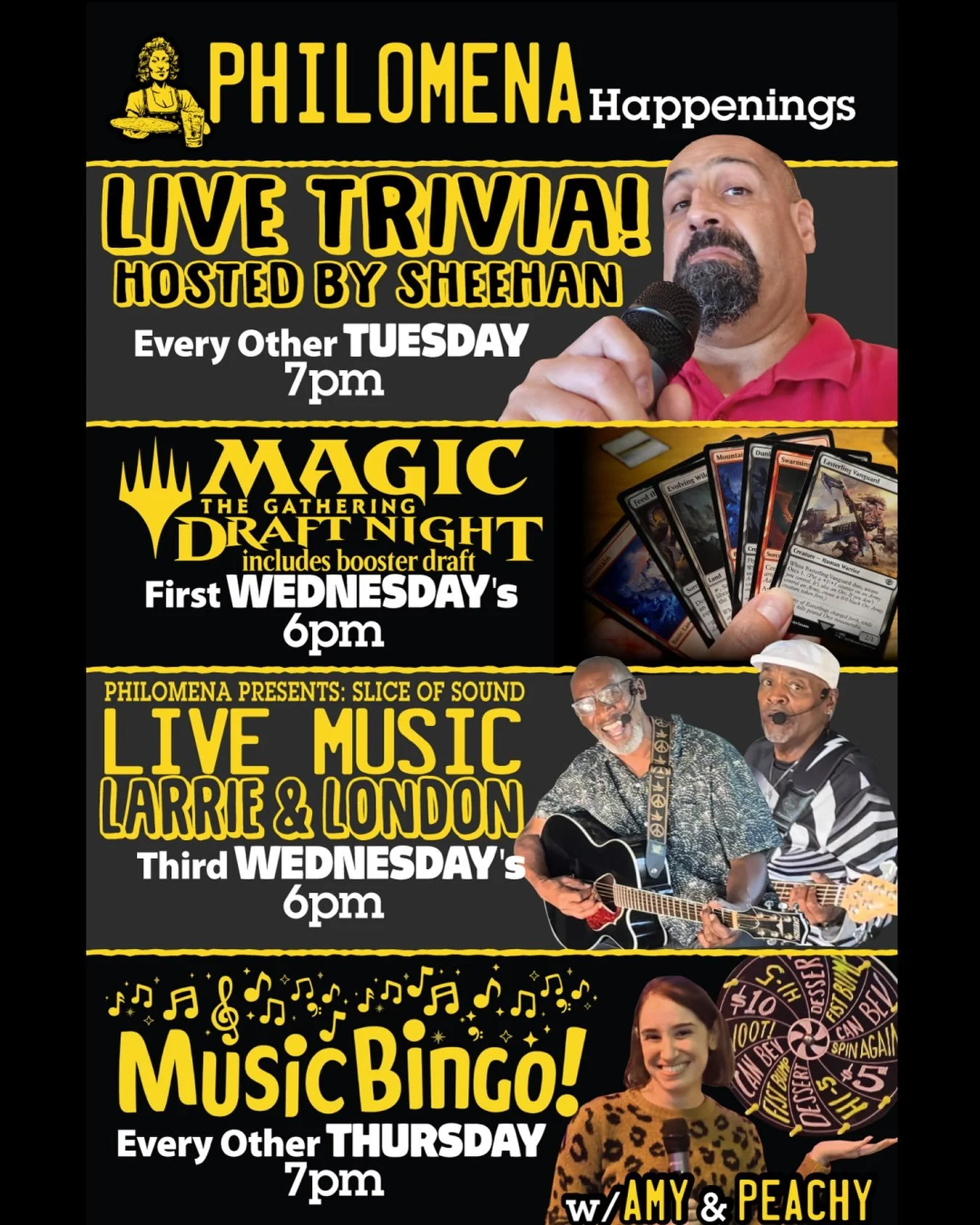 At Philomena, our happenings are about making friends, discovering music, and all original trivia. Grab a table and some pizza at one of our next events.