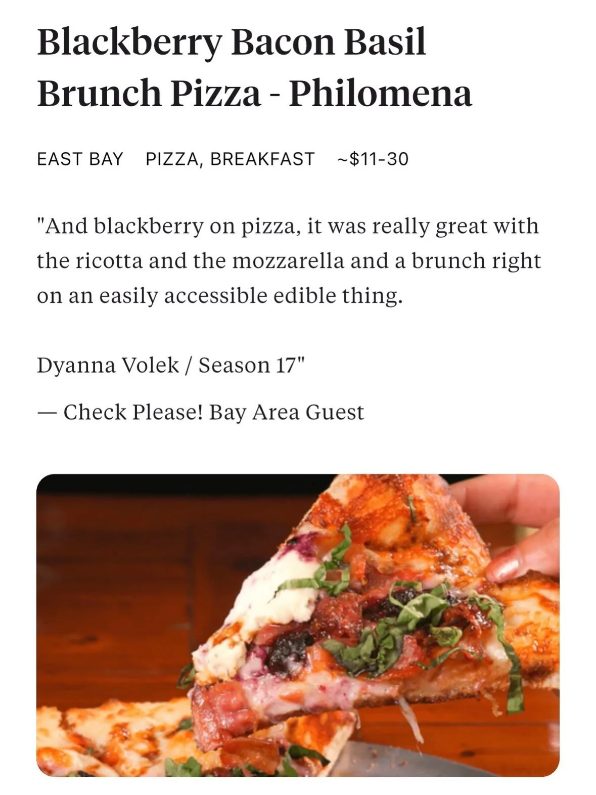 Check it out! Philomena was featured it @kqedfood &lsquo;s Top 20 Pizzas!🍕 They featured our very own Blackberry Bacon Basil Brunch Pie! If you haven&rsquo;t tried it yet, you are in for a treat!