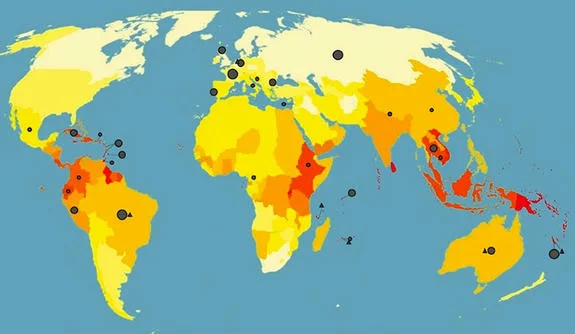 Figure 2: Prevalence of leptospirosis in 2015 on a gradient from white (0-3 cases per year) to red (>100 cases per year). Source: Yale News, 2015.