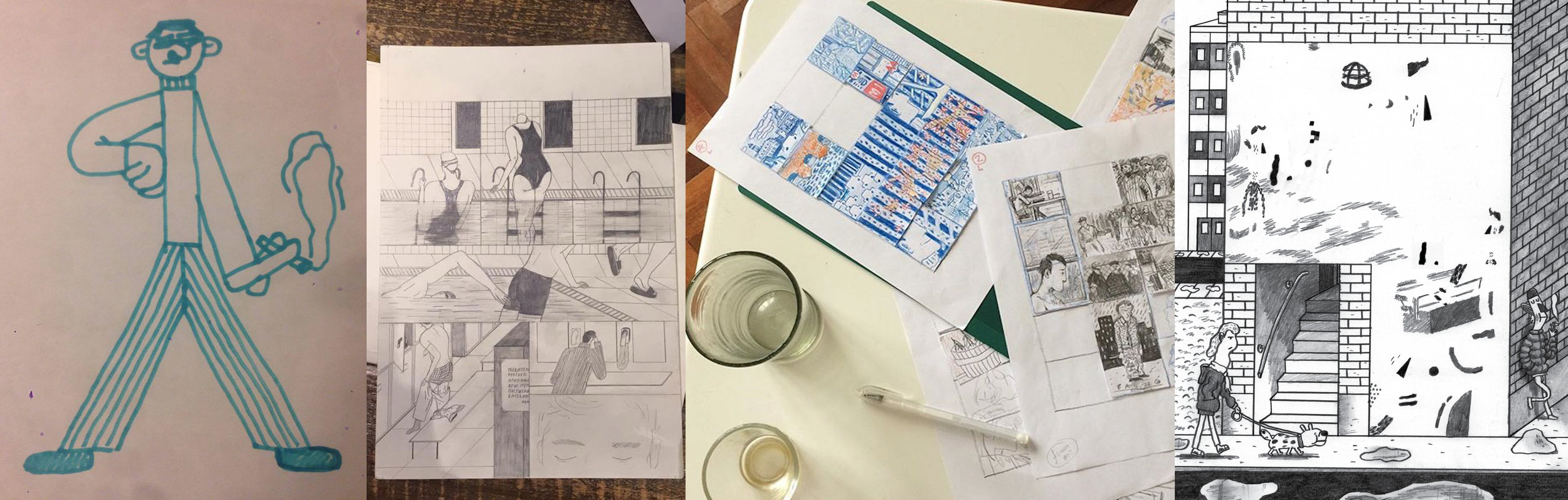 The development process, from character designs, to sketches, to finished greyscale layers ready for two-colour printing. Artwork from l-r by Arina, Evgenia, Christopher and Jeroen. 