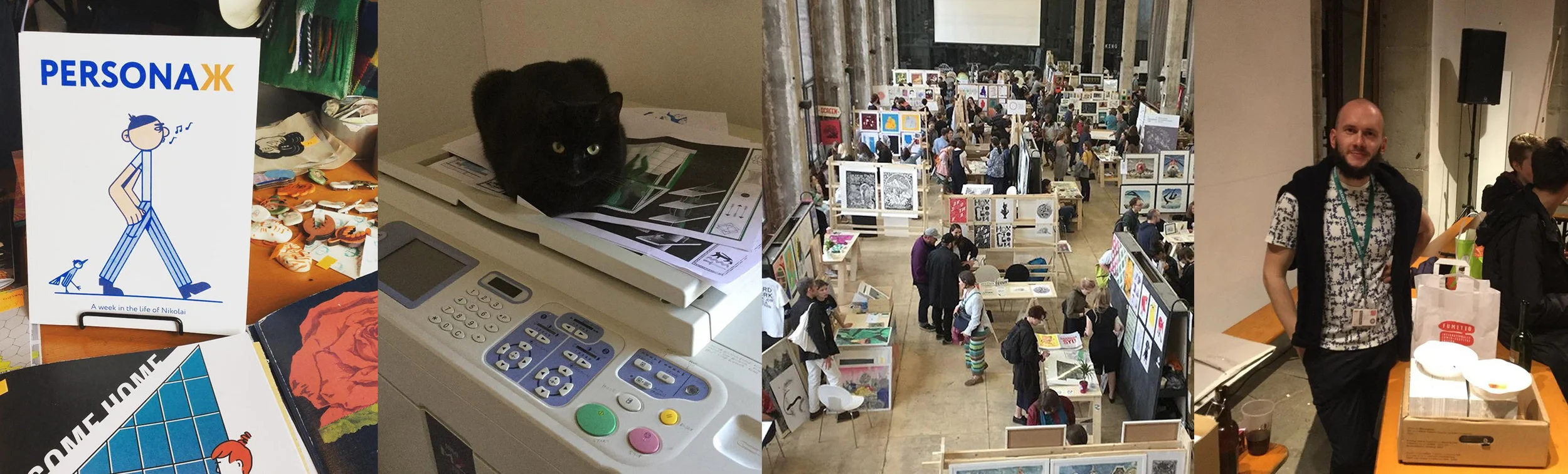 Out and about... from left to right, PersonaЖ on display, Sputnik the Cat sitting on her Risograph throne, Vkus Bumagi print fair in Moscow and Andrey taking it easy after a busy day at Fumetto. 