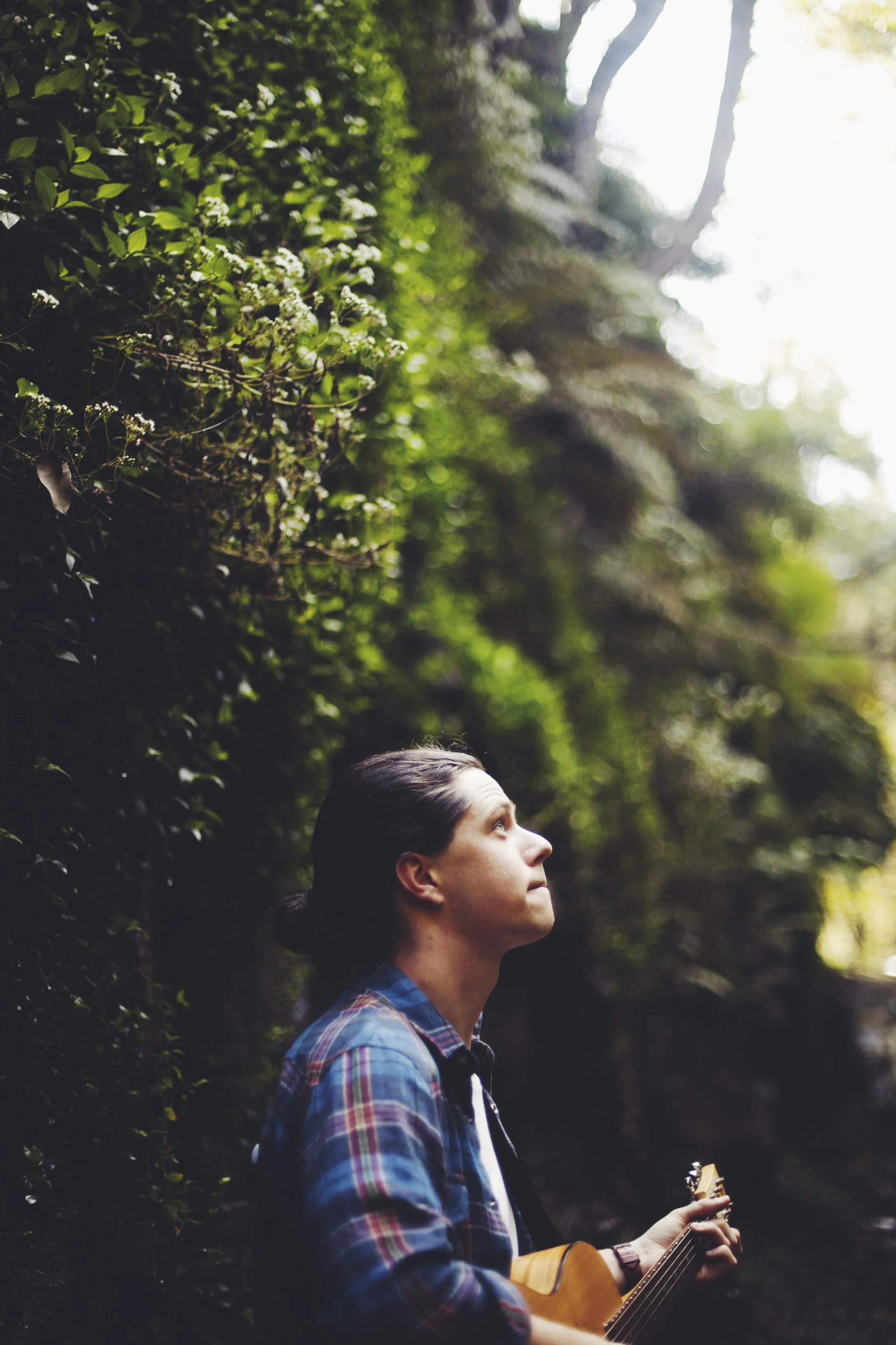man standing in rainforest with guitar