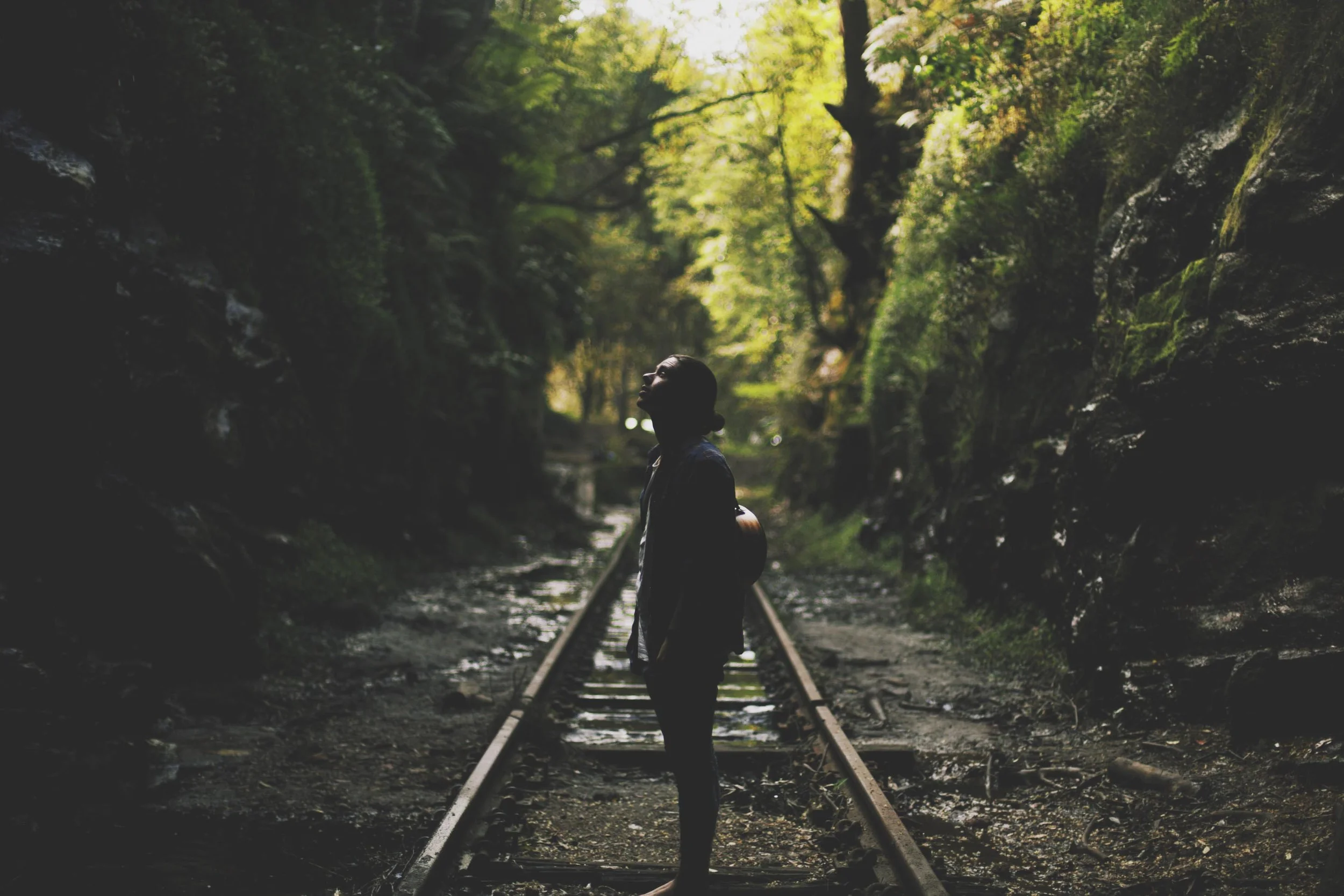man standing in rainforest with guitar