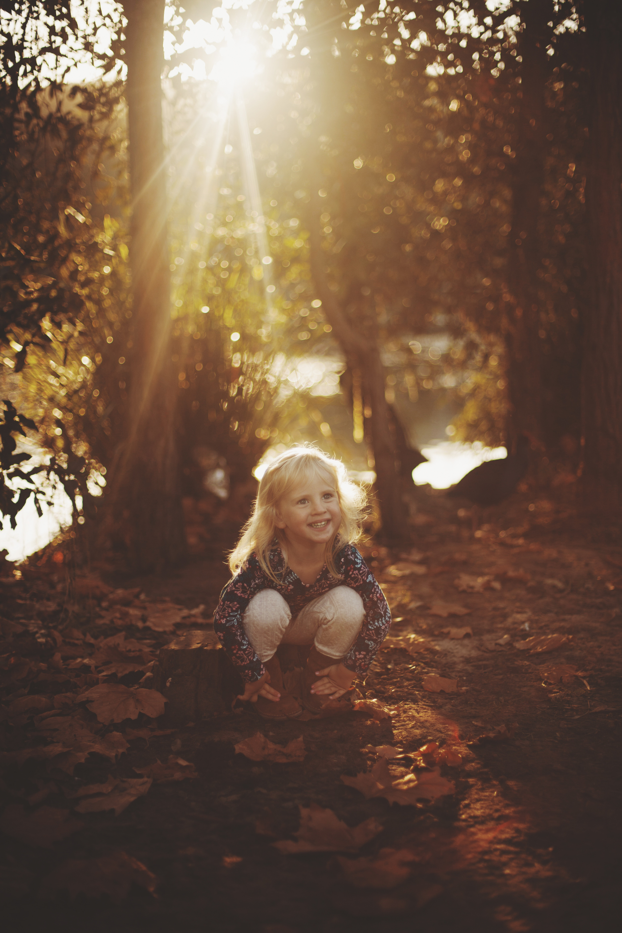 young girl sitting amongst autumm leaves at golden hour