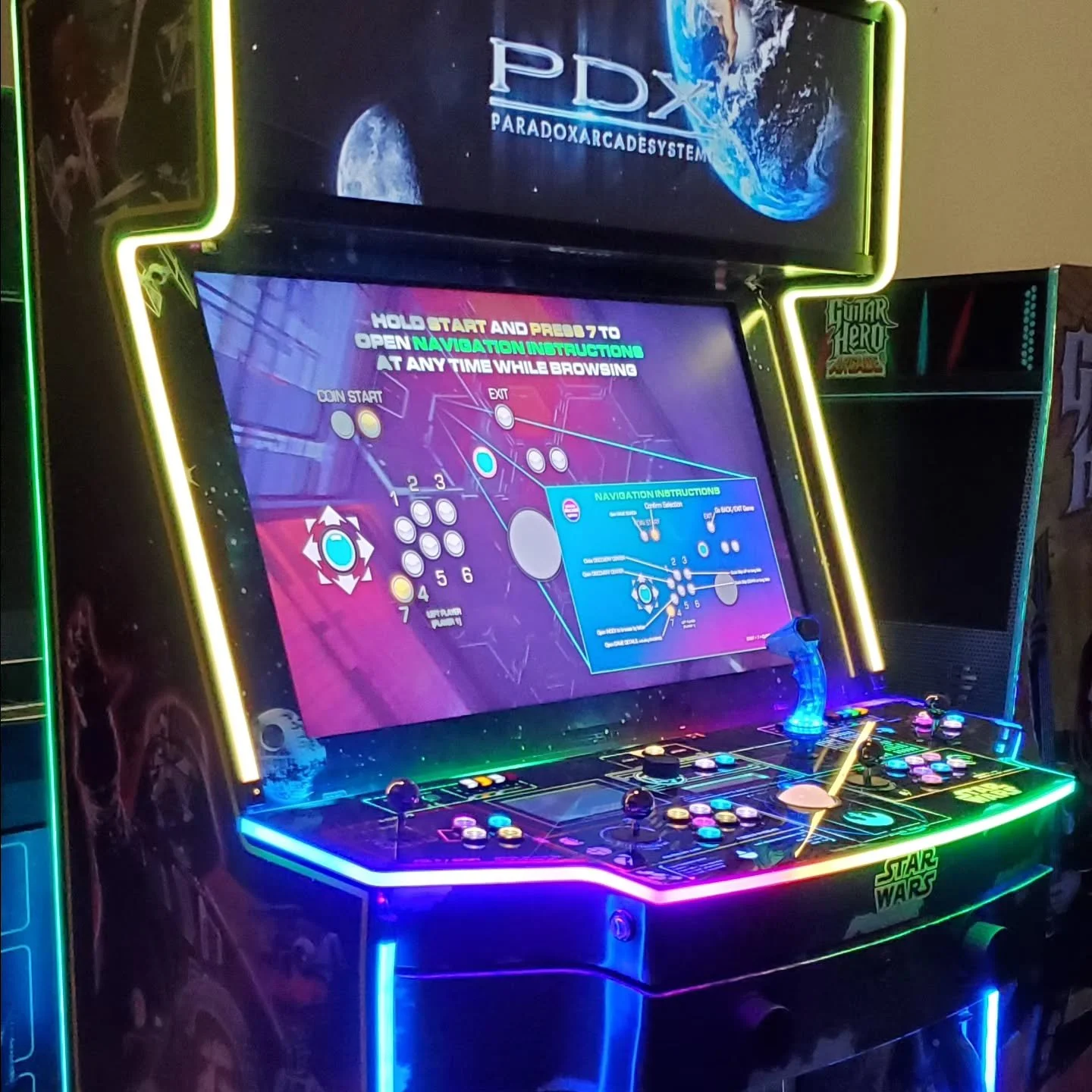 Star Wars Falcon cabinet. Dual force feedback wheels. Reaper guns. 144hz main monitor, gsync on emulators for higher accuracy. Backlit uv printed control panel. Lcd marquee.