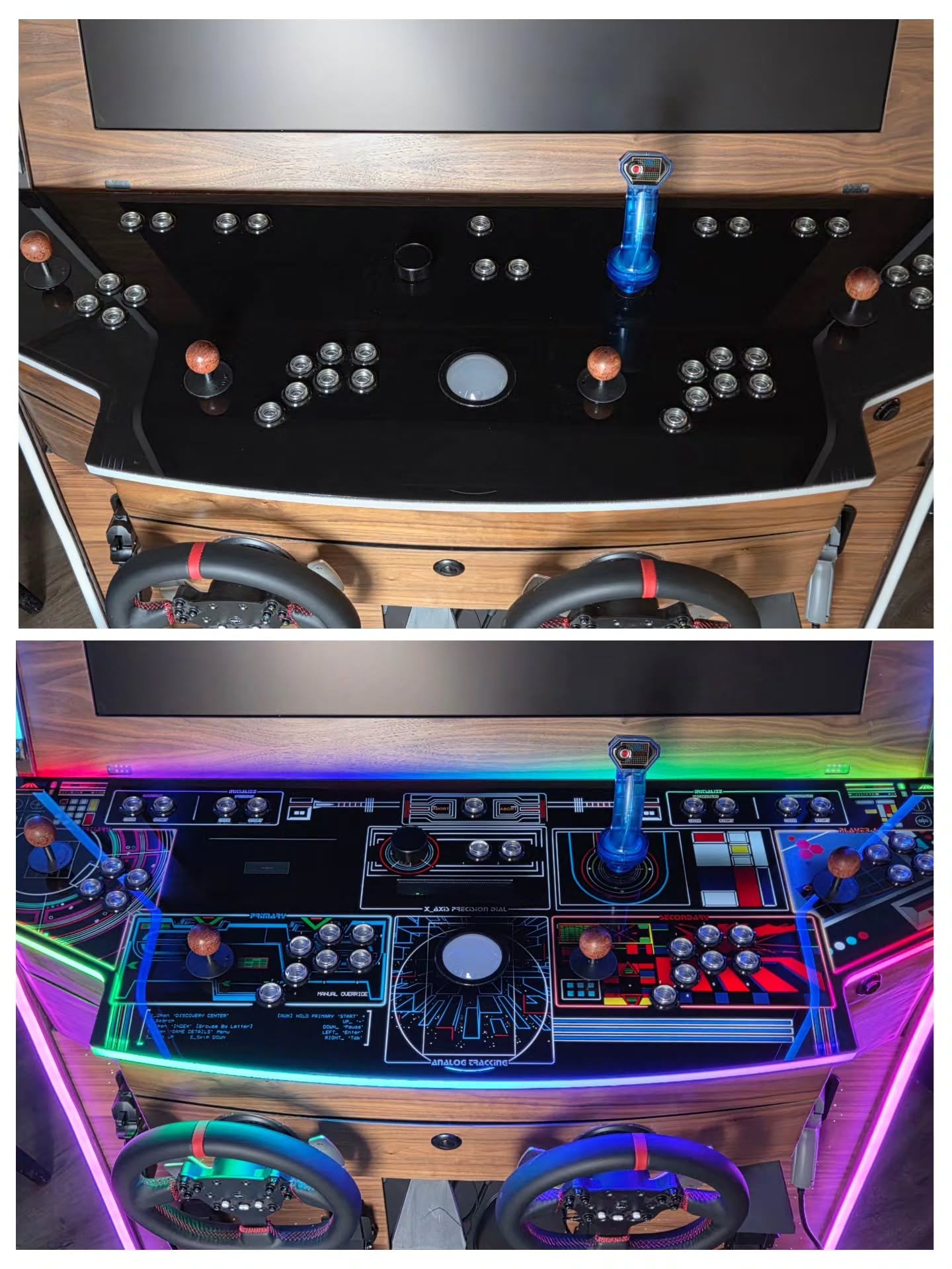 The Walnut cab, highlighting the tinted plexi control panel with its "lights out" incognito effects. When switched on it becomes a vibrant homage to 80s arcade cabinets, using scanned elements from multiple vintage arcade control panels. Ca