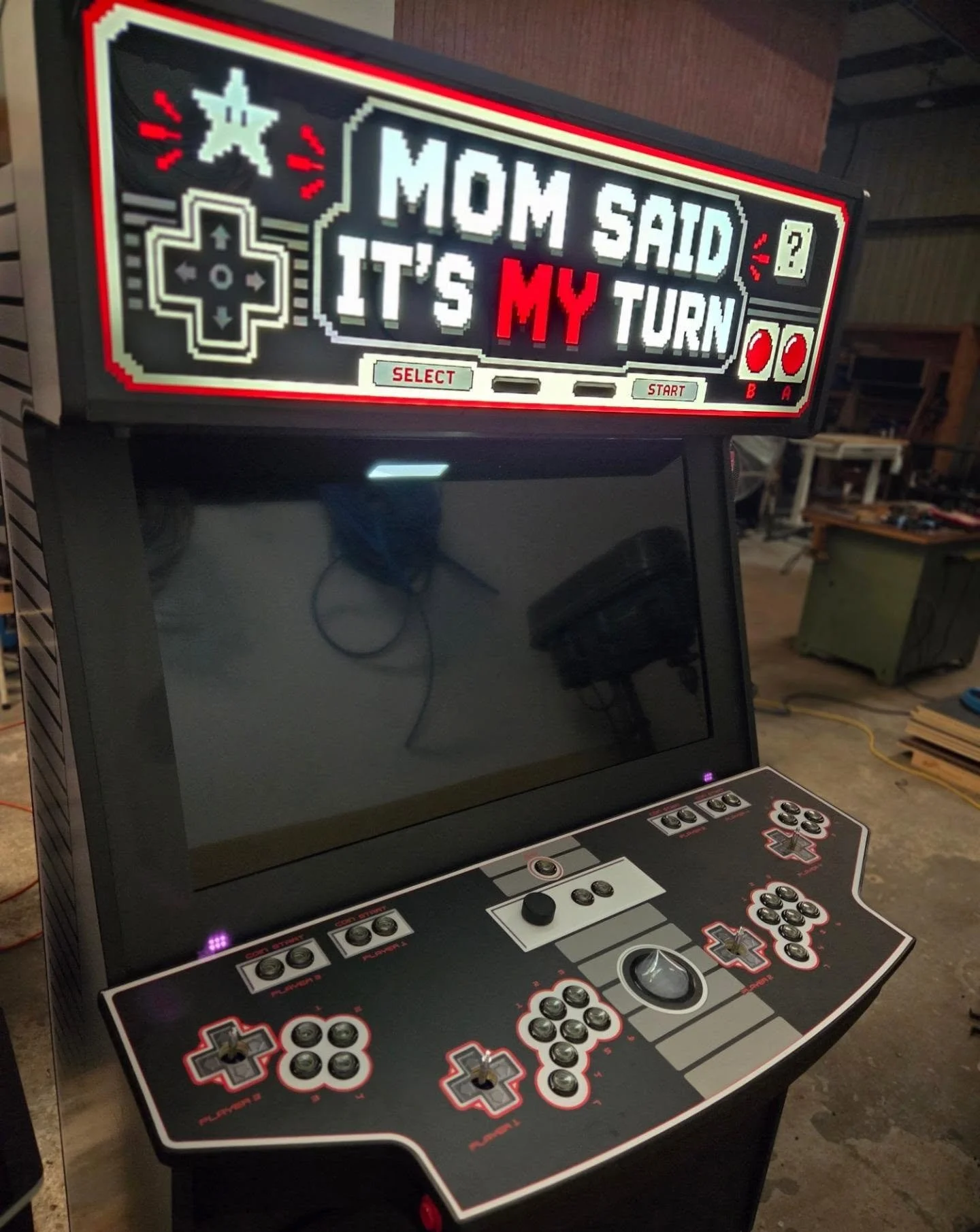 Customer requested a marquee that says "mom said its my turn" - so we matched the cabinet theme and it turned out pretty funny!