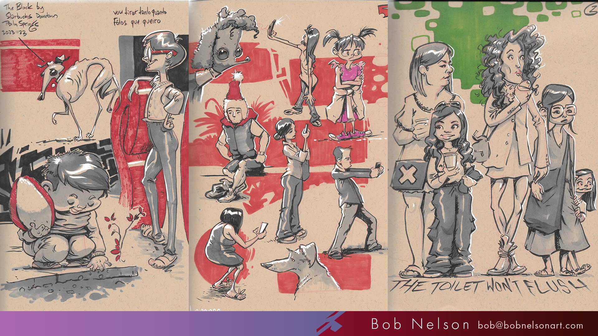 Ink & marker with gouache highlights. Drawn from life while at cafes, restaurants, and other places where people gather