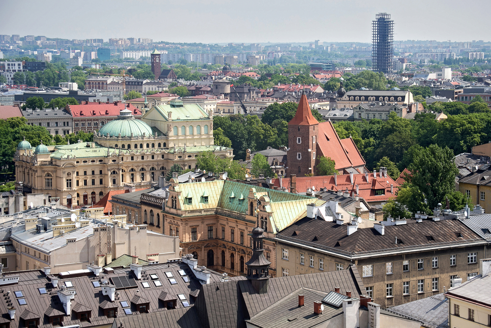 Poland, Aerial view of the roofs of houses in the historic part of Krakow with church of the Holy Cross and other buildings. Poland.jpg