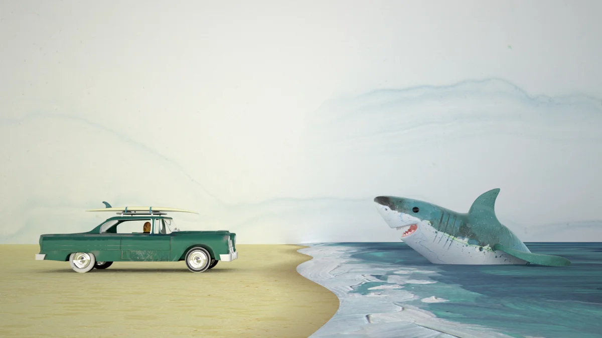 Screen grab from a short animation about a surfer and shark meeting