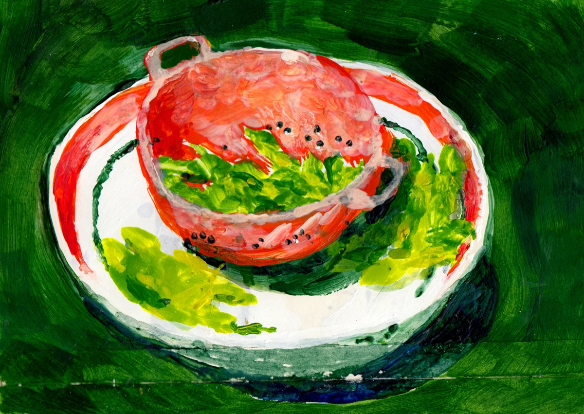 Sketchbook painting of my favourite bowls and snack