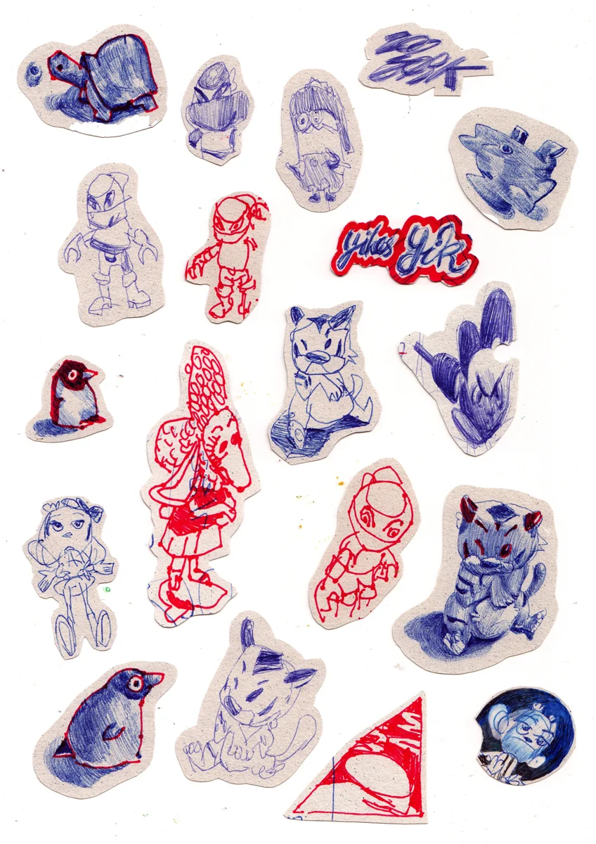 Collection of doodles I do at work of my coworker’s figurines