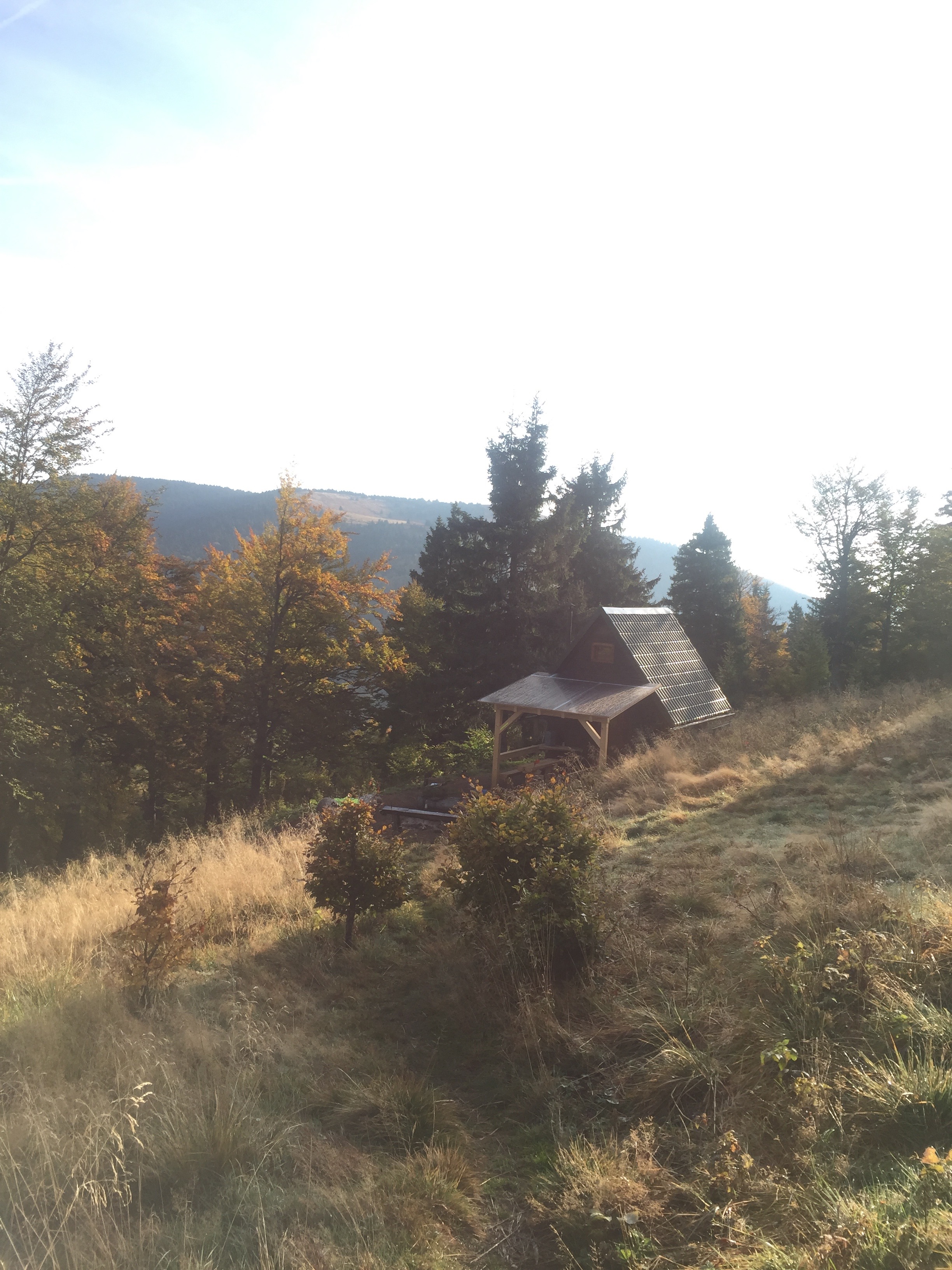 Mountain hut in the mountains in the morning.