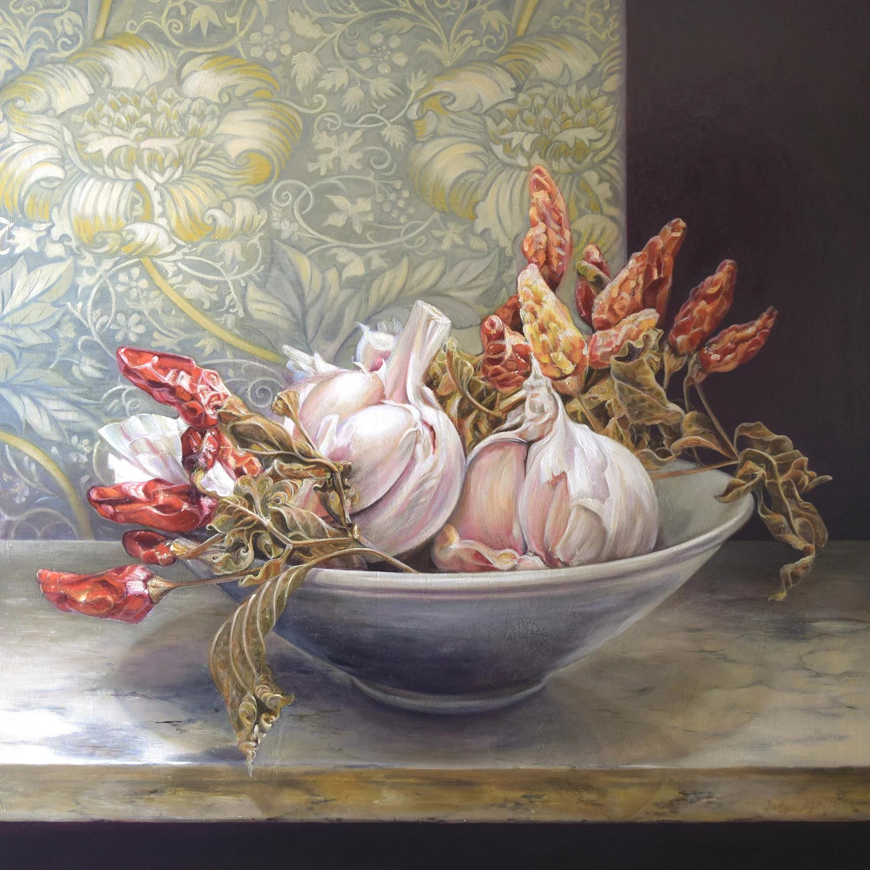 Red Chilli, Rose Garlic. 2014. Oil on canvas, 91cmx91cm.