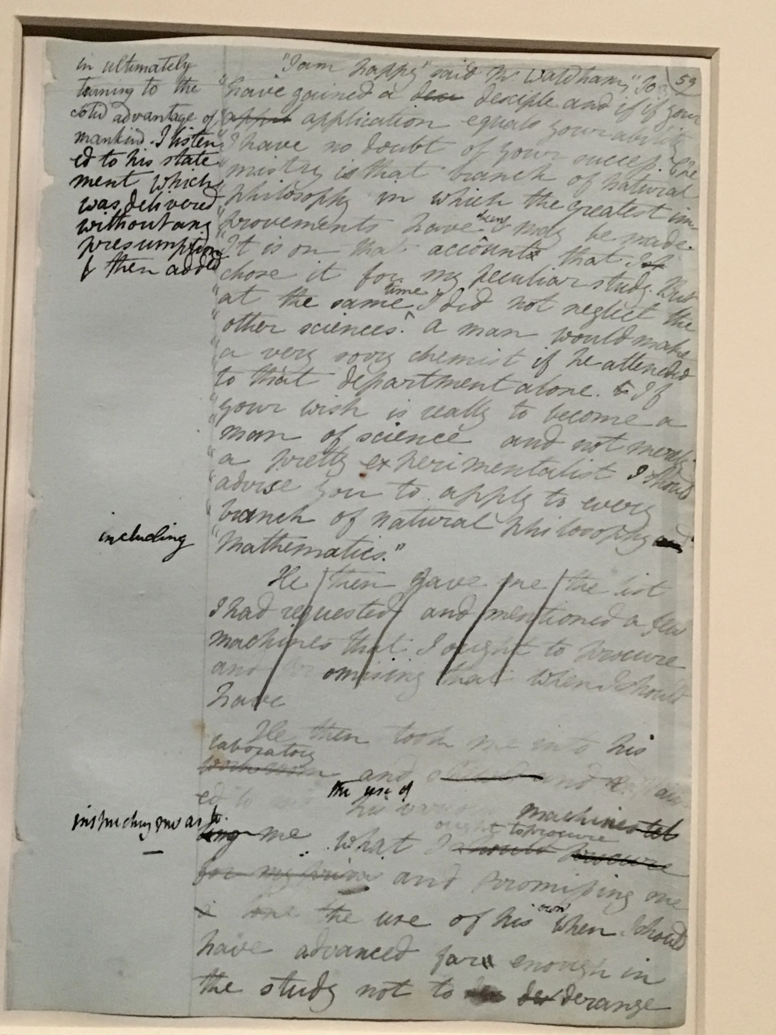 Page from the manuscript of Frankenstein showing extent of collaboration between Mary and Percy. Percy's edits, additions and emendations are in darker ink. (On display at the Bodleian).