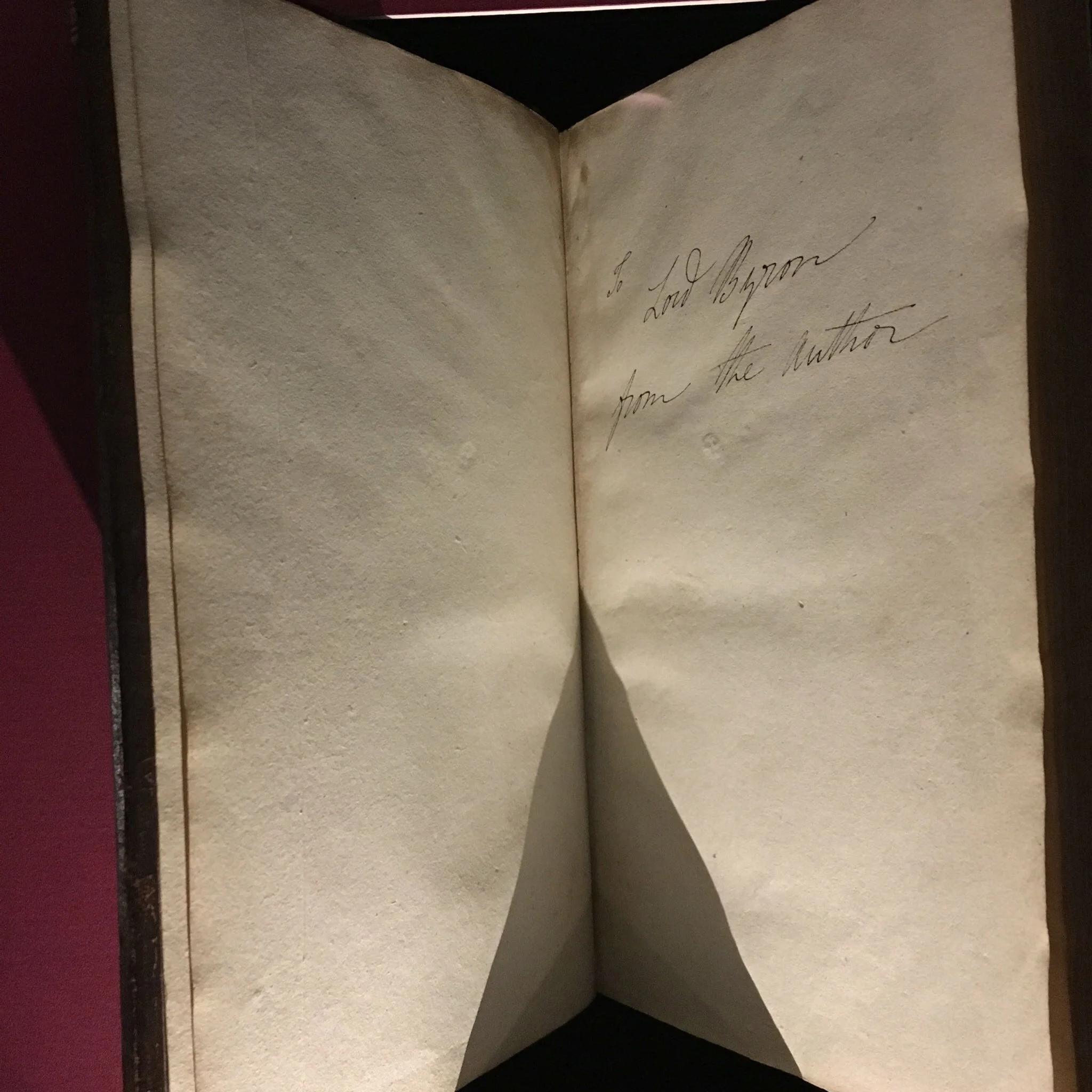 Dedication by Mary to Lord Byron of a copy of Frankenstein. (On Display at the Bodmer Foundation, Geneva)