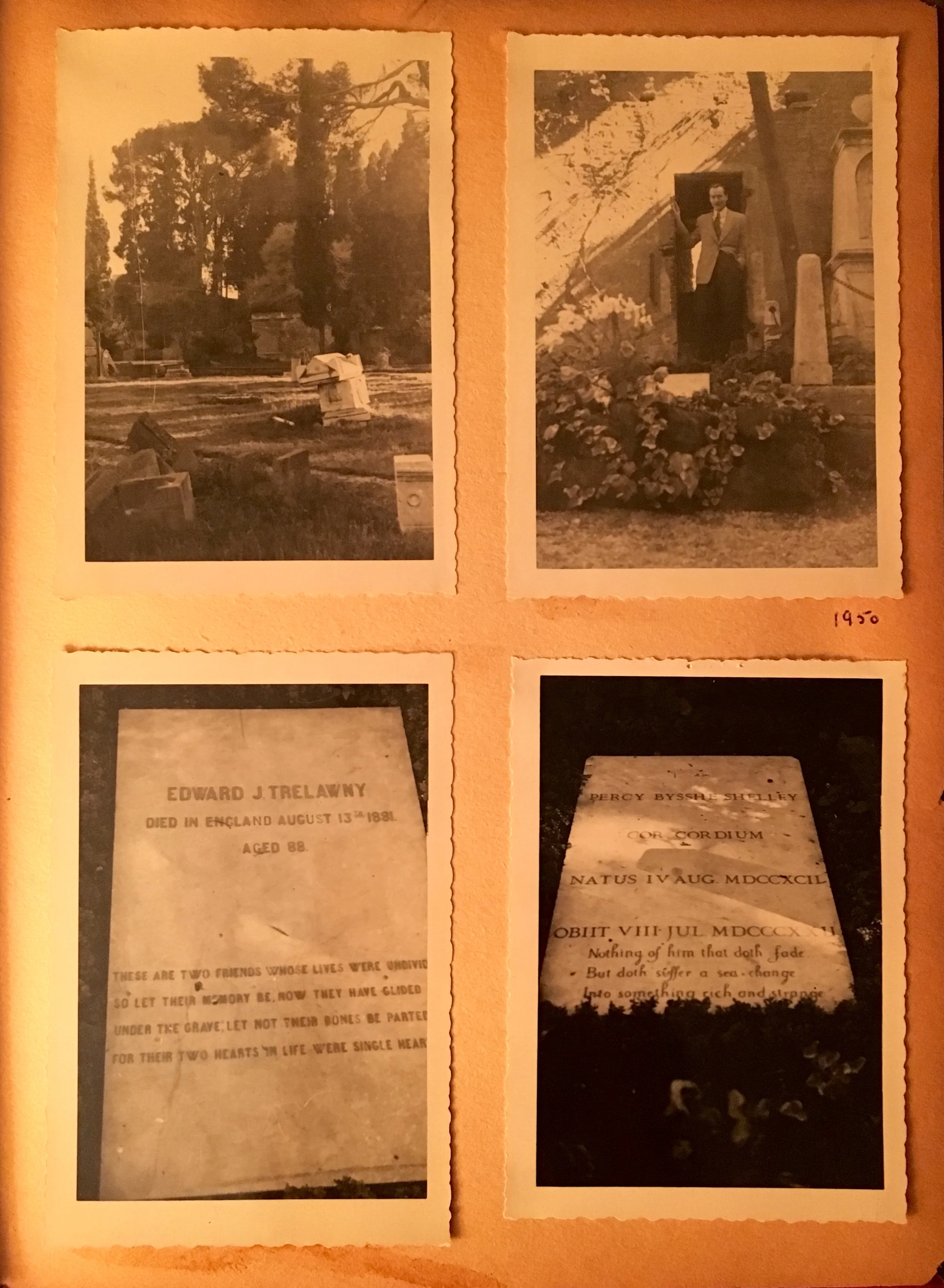 Upper right, Keats' tomb. Lower left, Trelawny, lower right, Shelley, Photographs 1950