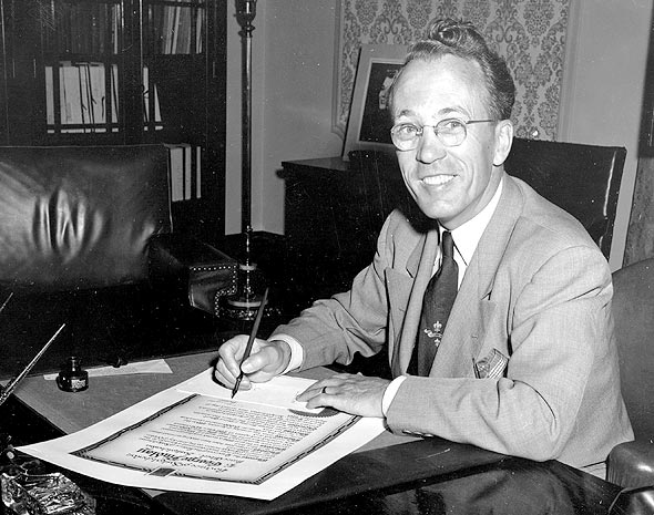 Tommy Douglas, leader of the New Democratic Party pictured in 1953.