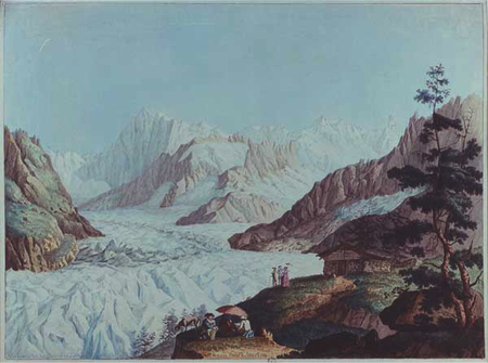 Carl Hackert, ‘Vue de la Mer de Glace et de l’Hôpital de Blair’ (1781) (Centre d’iconographie genevois).