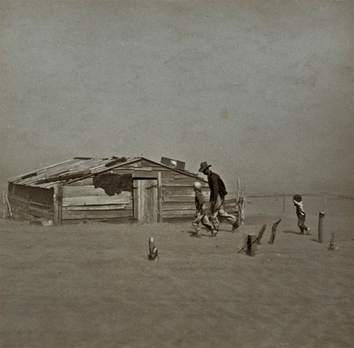 “A farmer and his two sons during a storm in Cimaron County, Oklahoma April 1936." Arthur Rothstein.