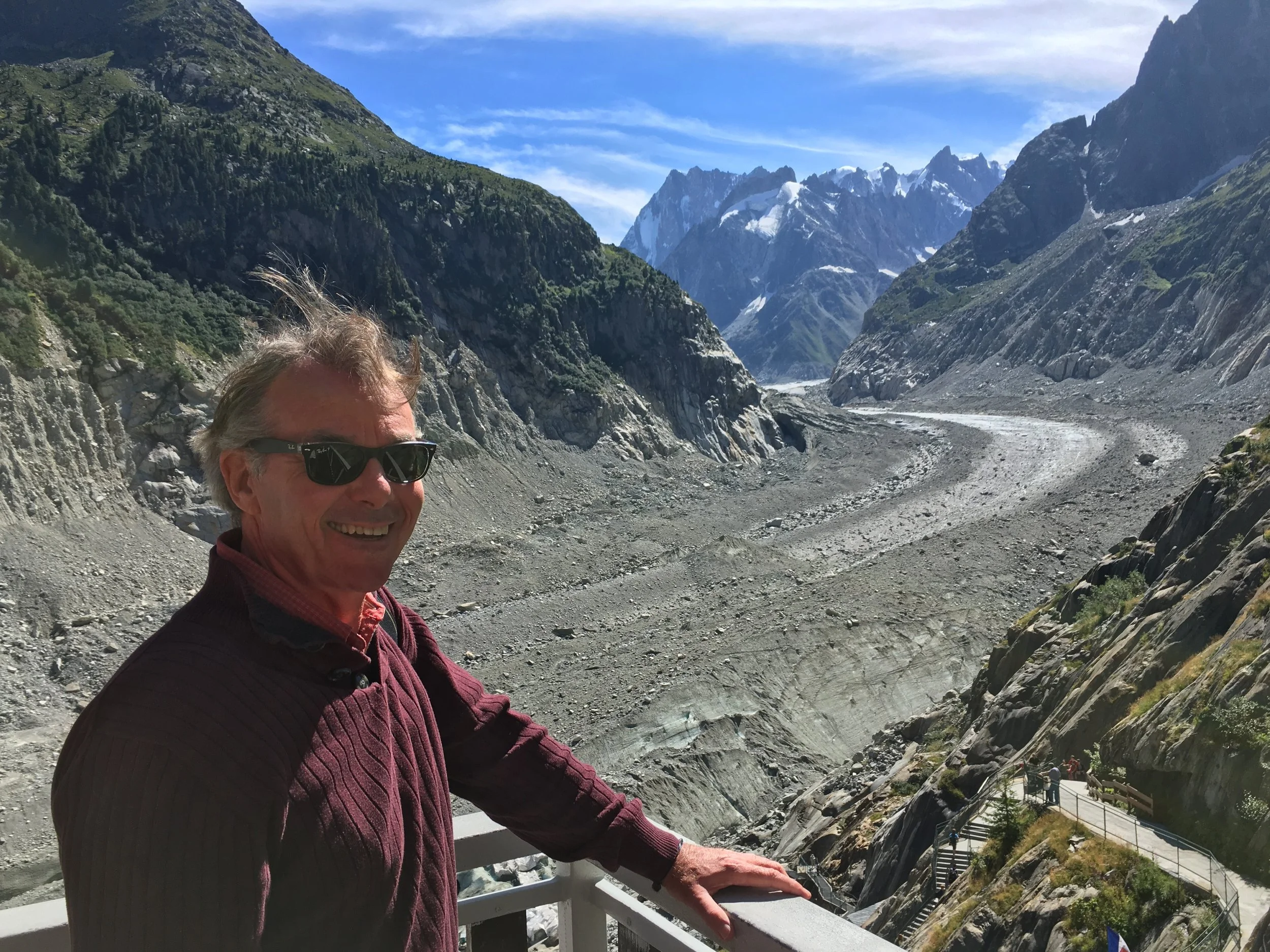 The glacier can not even be seen from Montanvert. It is around the corner having retreated 10 miles thanks to climate change- why am I smiling!? Copyright Henderson, 2016.