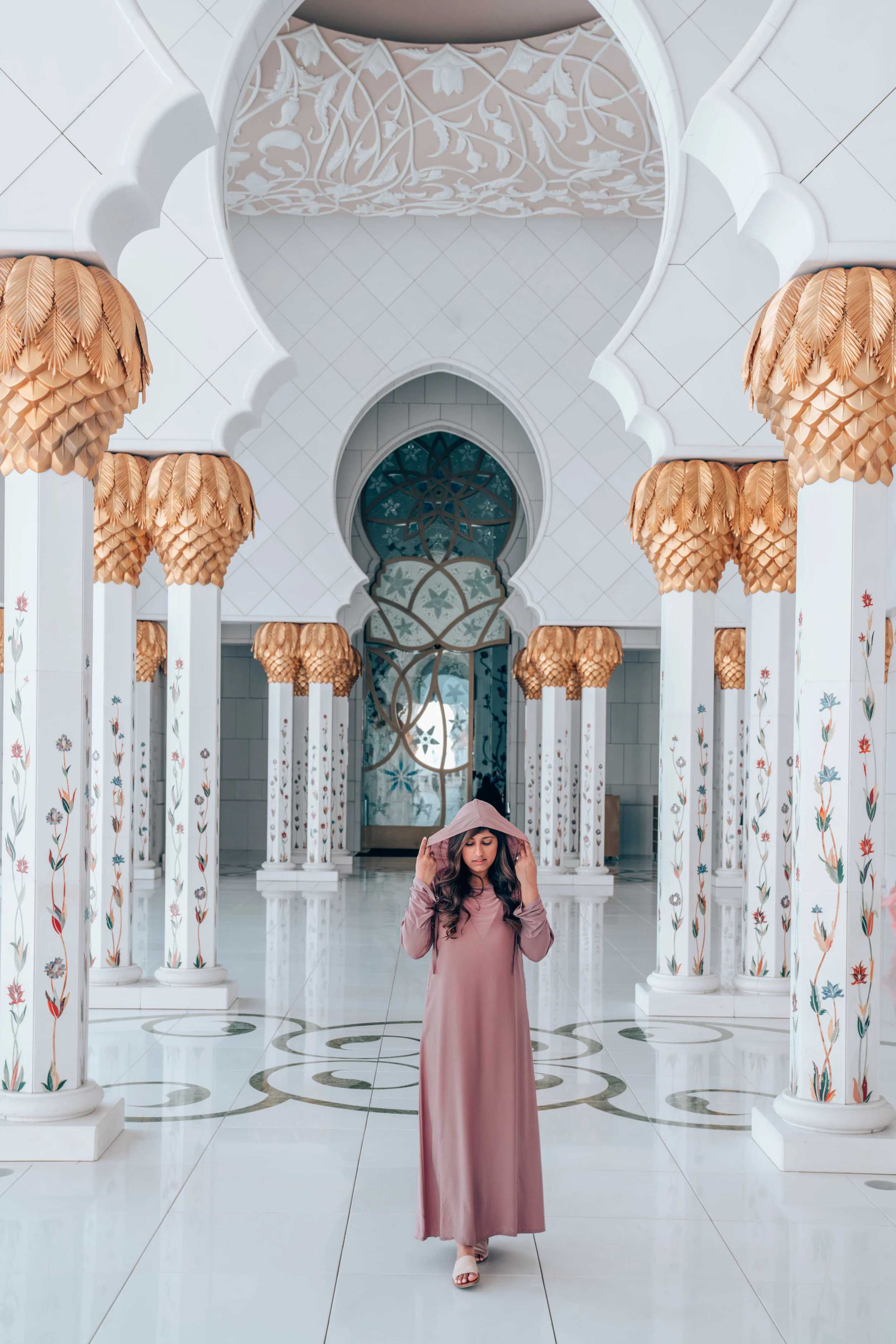 Wearing a traditional Abaya at the Sheikh Zayed Mosque in Abu Dhabi, UAE